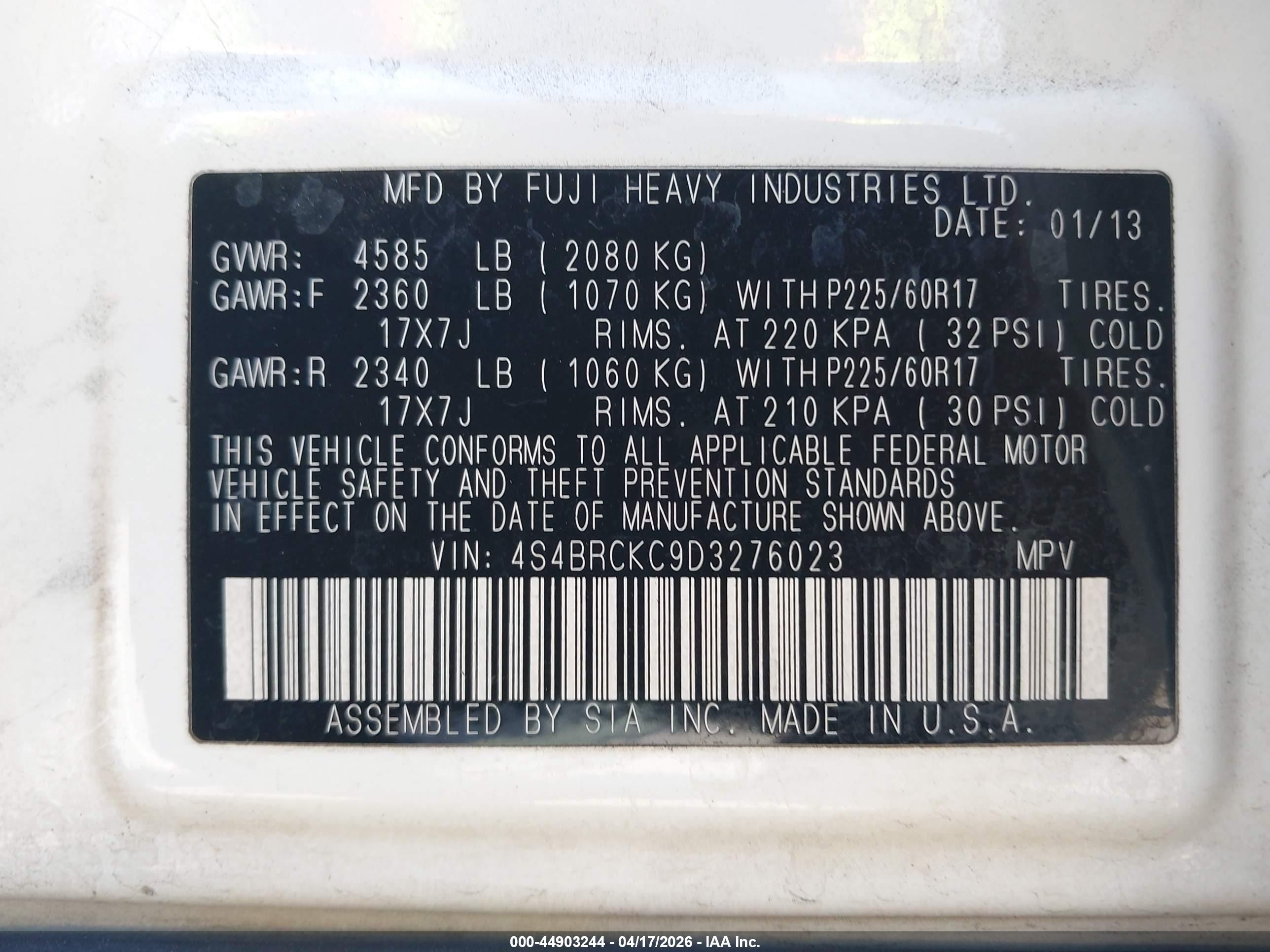 2013 Subaru Outback 2.5i Limited Белый vin: 4S4BRCKC9D3276023