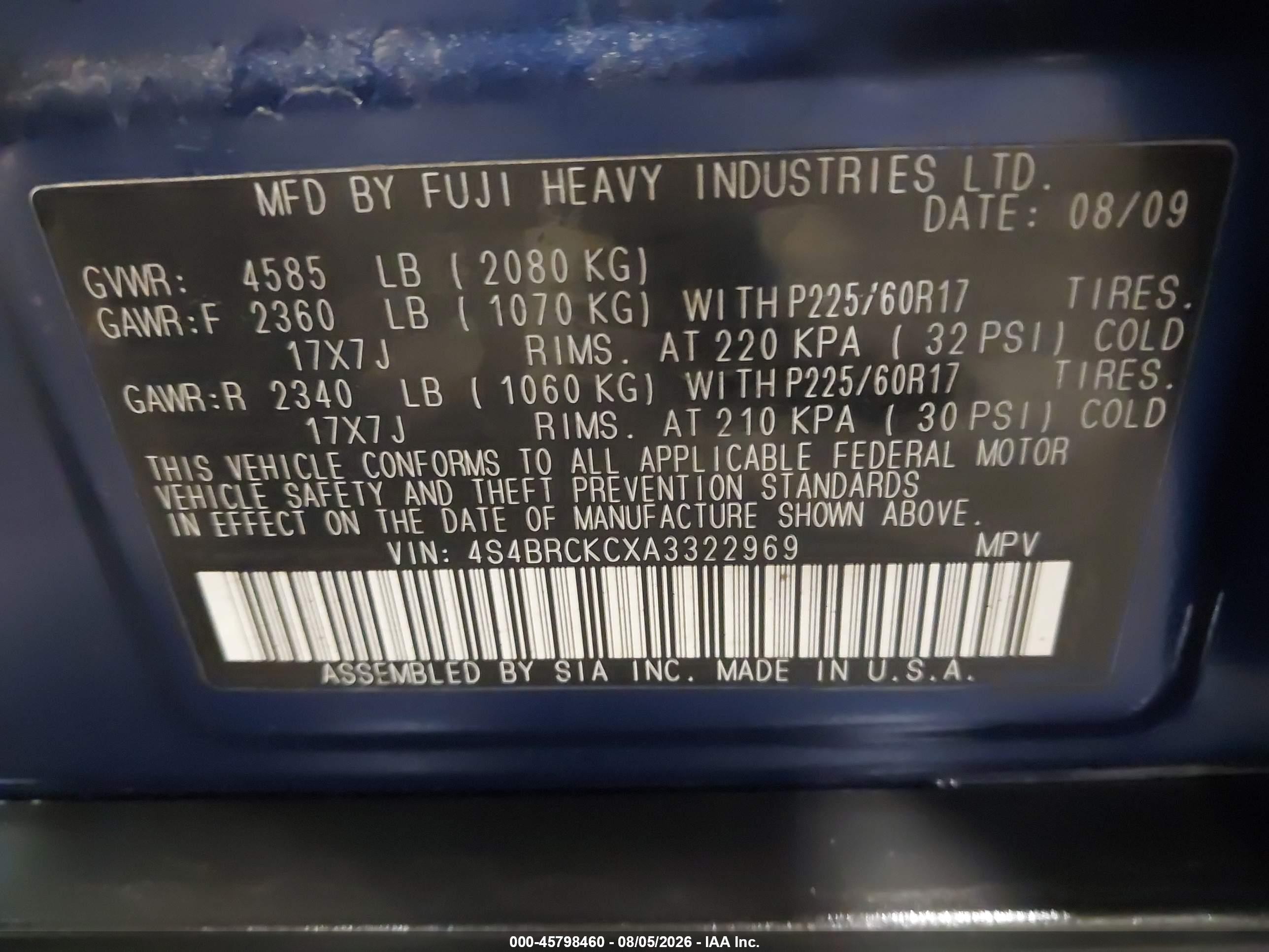 2010 Subaru Outback 2.5i Limited Blue vin: 4S4BRCKCXA3322969