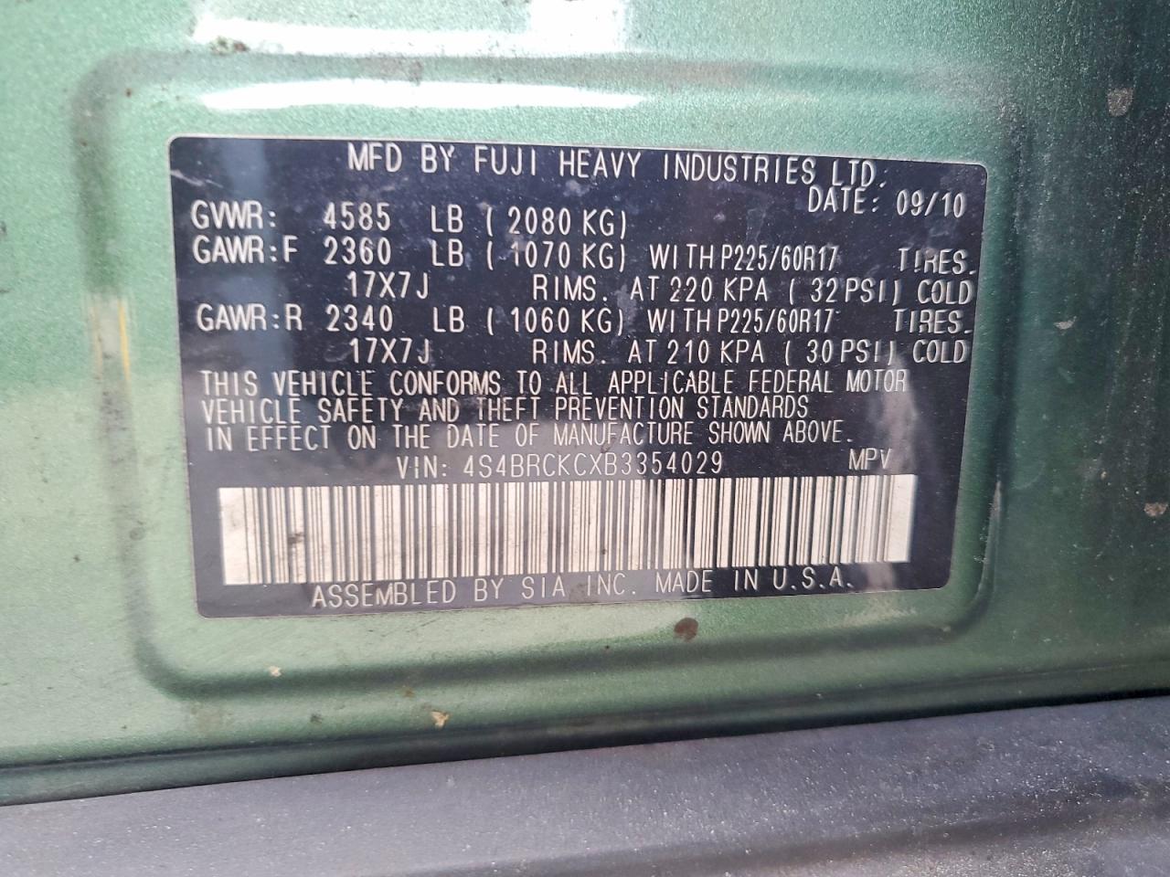 2011 Subaru Outback 2.5i Limited Green vin: 4S4BRCKCXB3354029