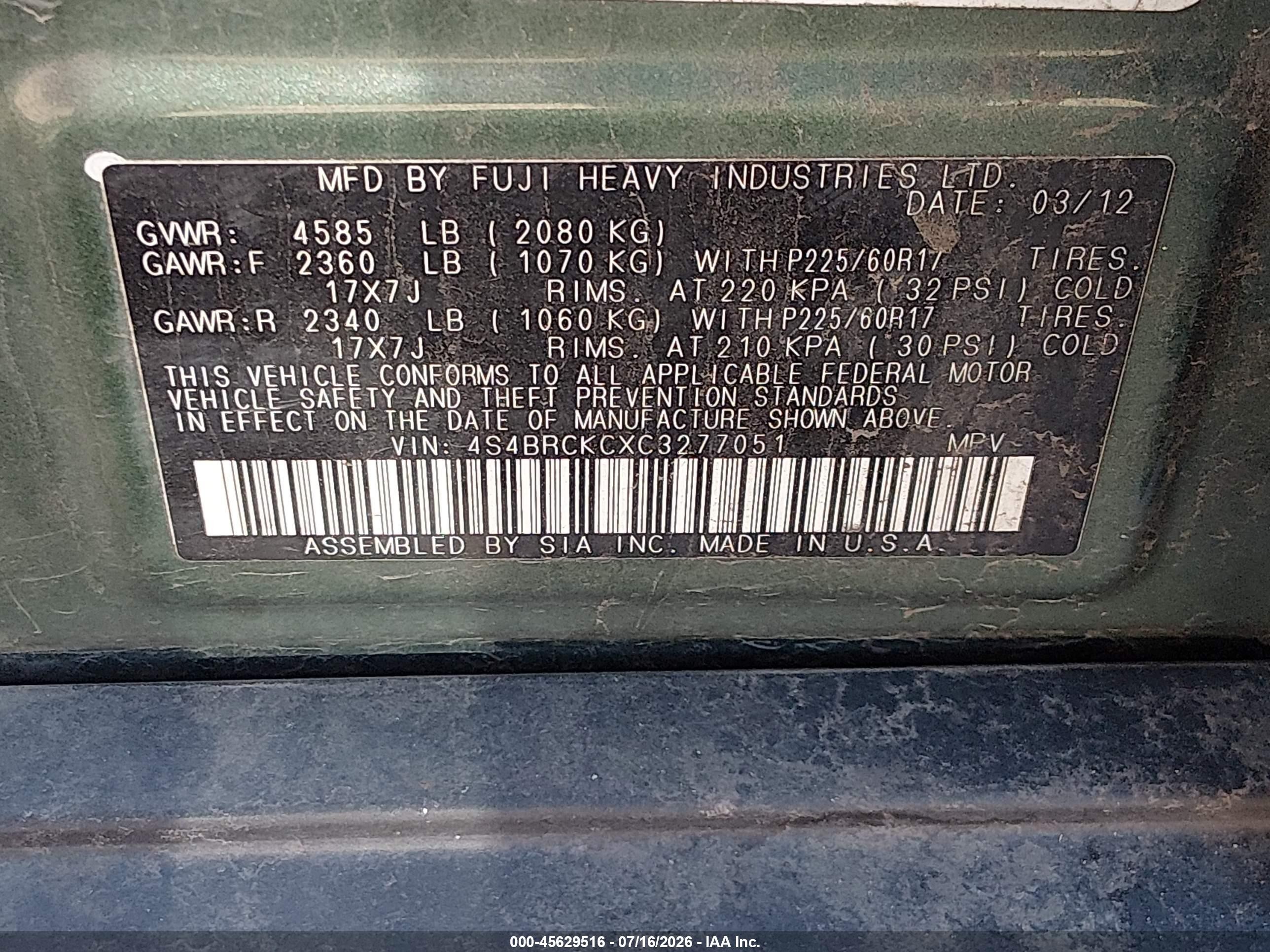 2012 Subaru Outback 2.5i Limited Green vin: 4S4BRCKCXC3277051