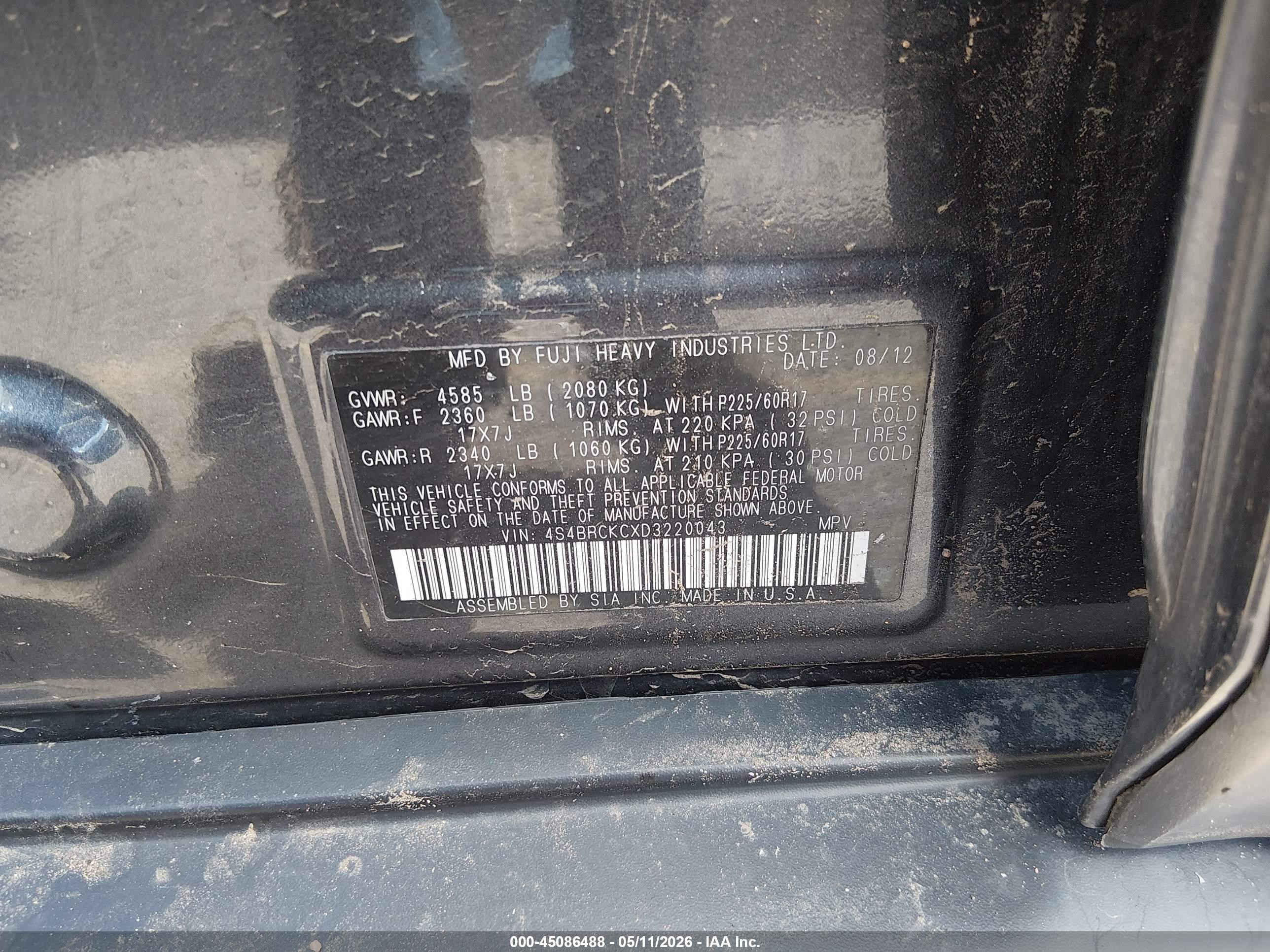 2013 Subaru Outback 2.5i Limited Gray vin: 4S4BRCKCXD3220043