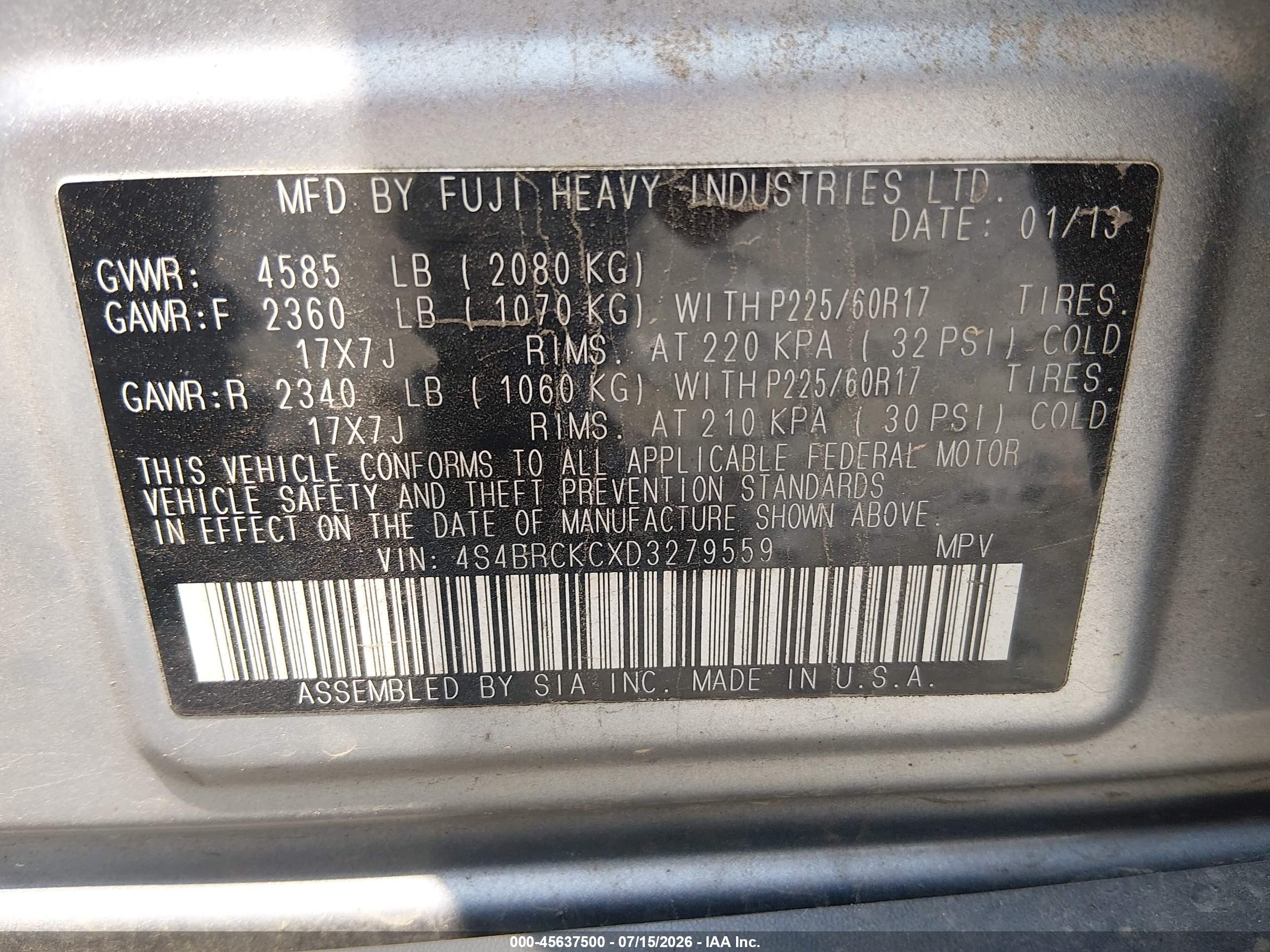 2013 Subaru Outback 2.5i Limited Blue vin: 4S4BRCKCXD3279559