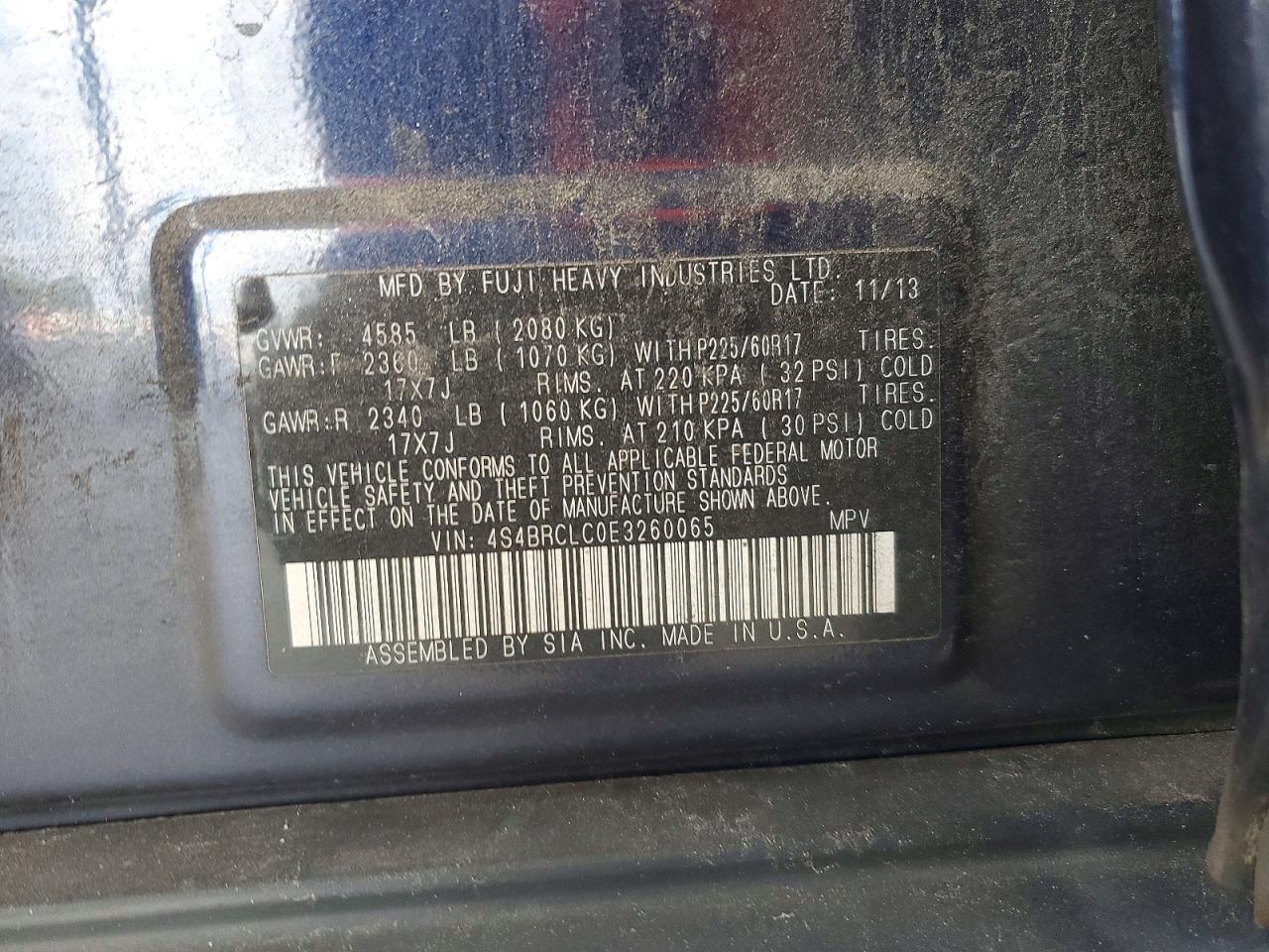 2014 Subaru Outback 2.5i Limited Blue vin: 4S4BRCLC0E3260065