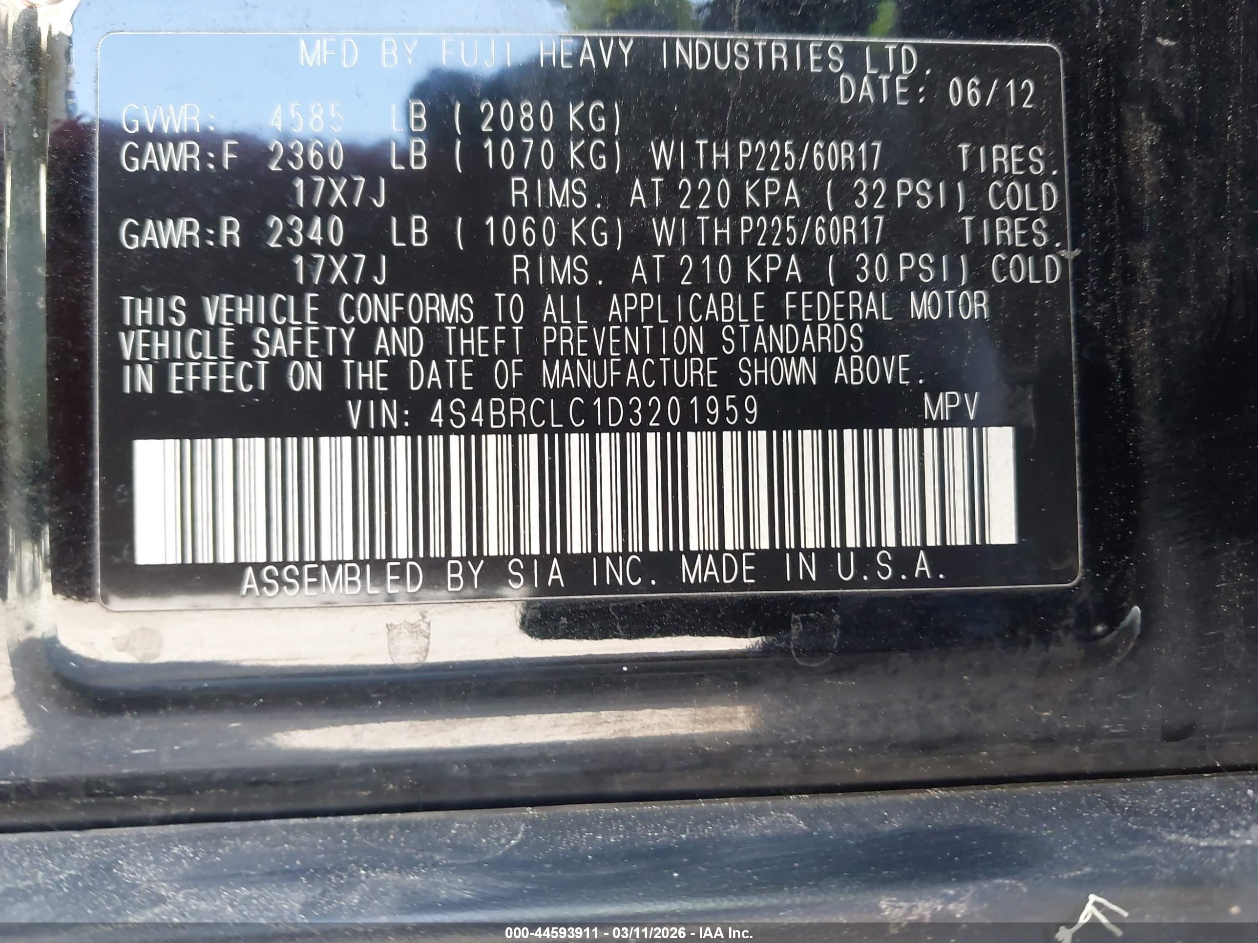 2013 Subaru Outback 2.5i Limited Black vin: 4S4BRCLC1D3201959