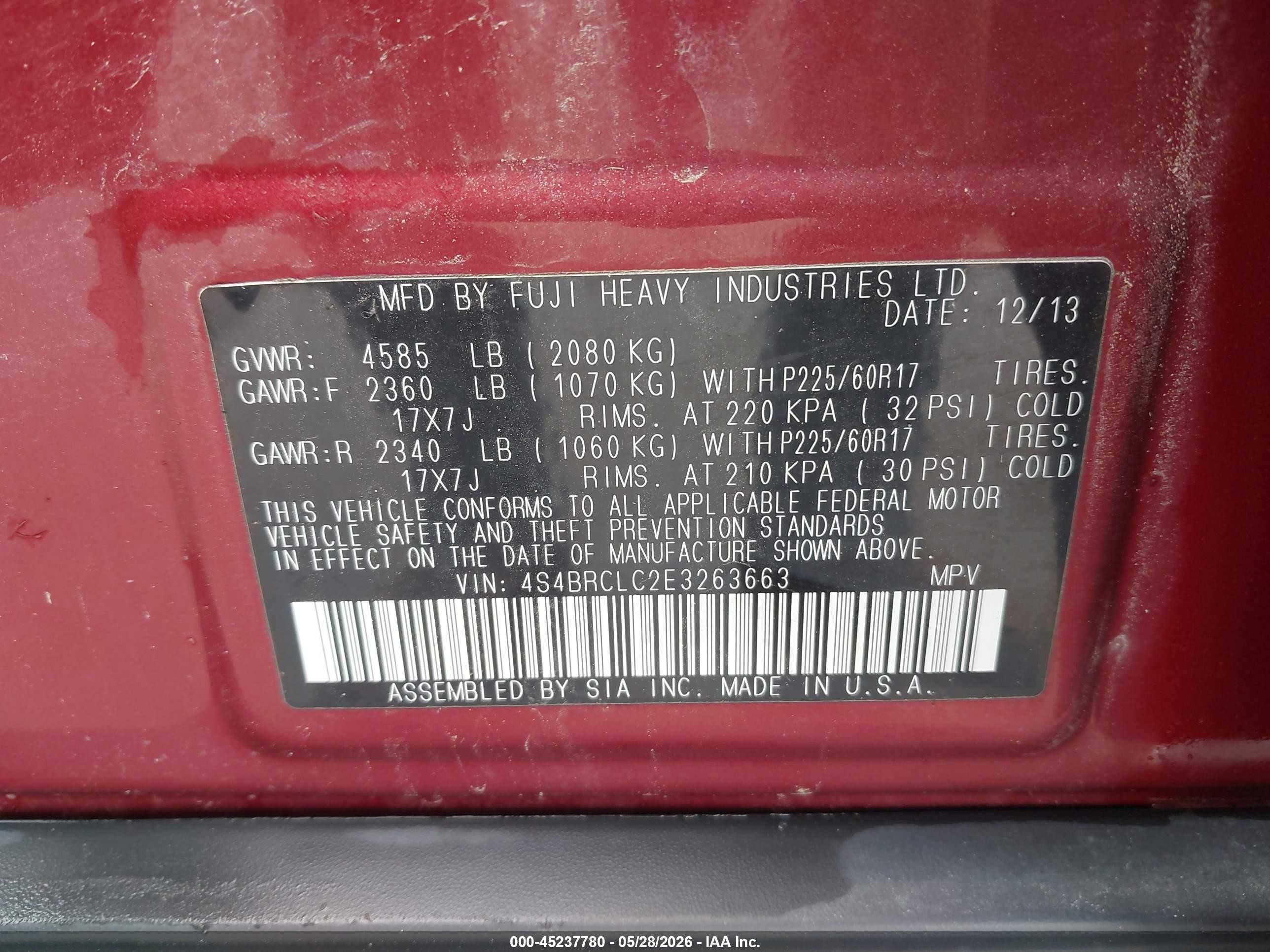 2014 Subaru Outback 2.5i Limited Red vin: 4S4BRCLC2E3263663