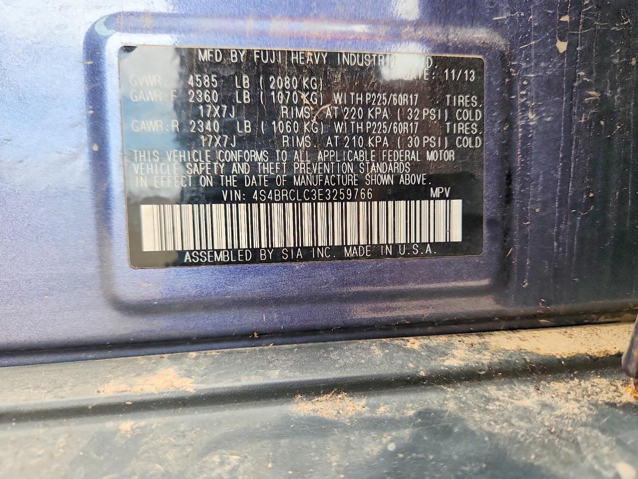 2014 Subaru Outback 2.5i Limited Blue vin: 4S4BRCLC3E3259766