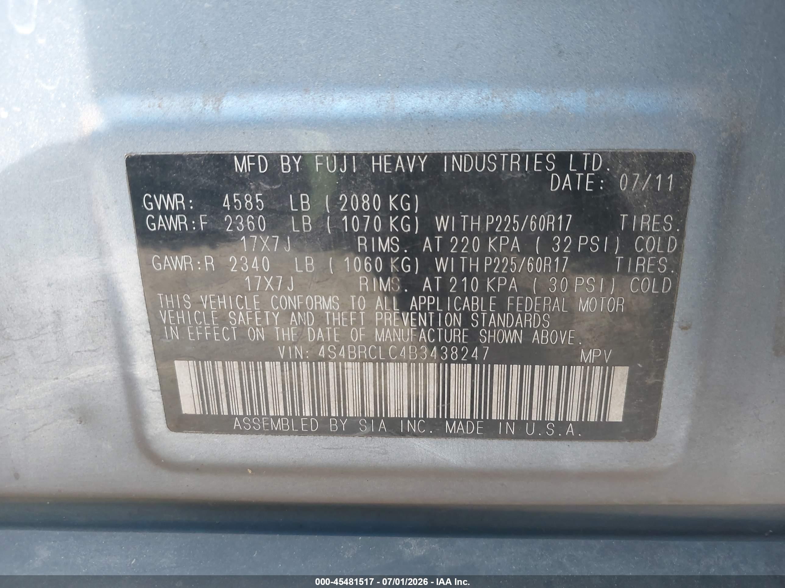2011 Subaru Outback 2.5i Limited Blue vin: 4S4BRCLC4B3438247