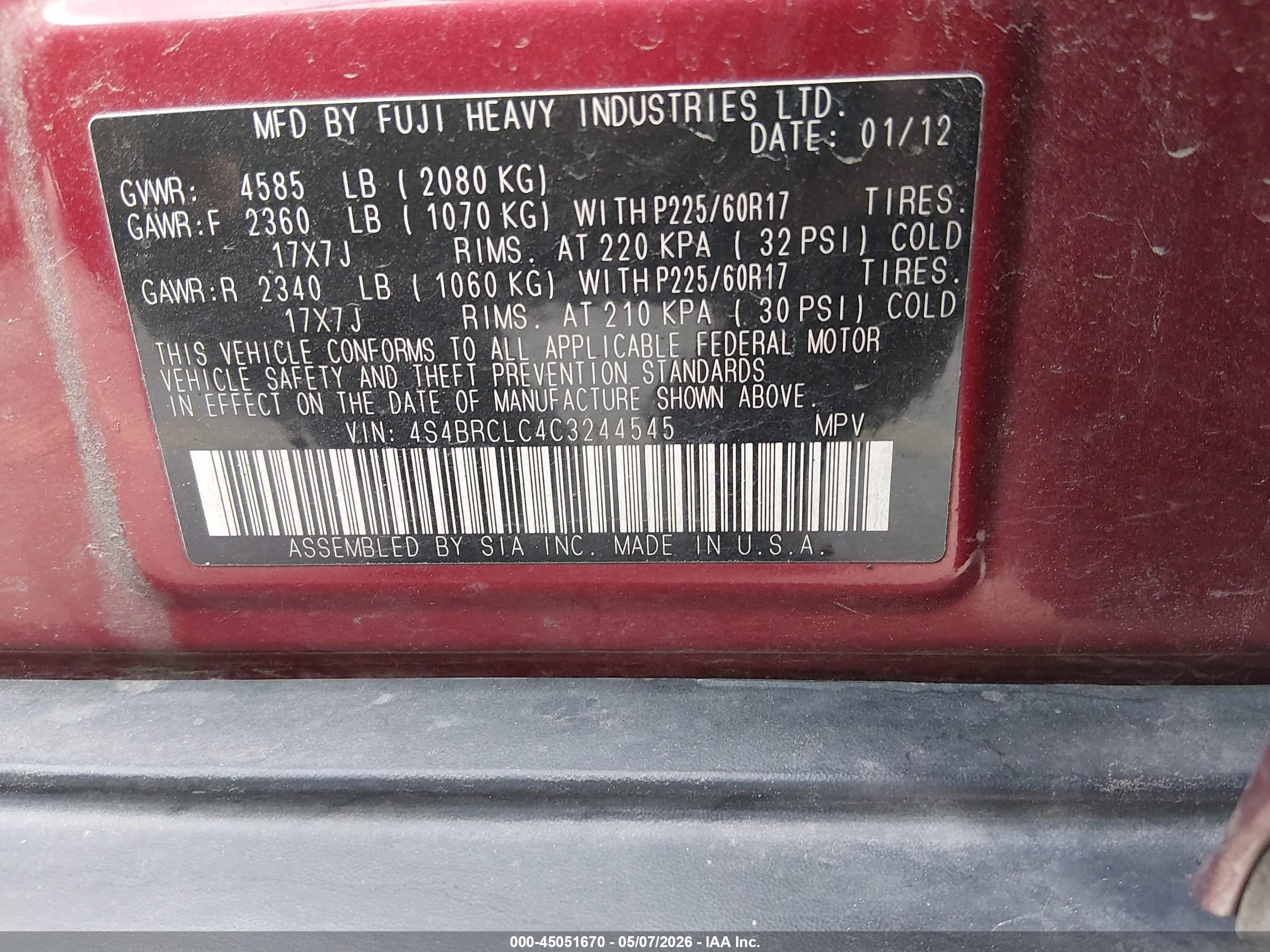2012 Subaru Outback 2.5i Limited Burgundy vin: 4S4BRCLC4C3244545