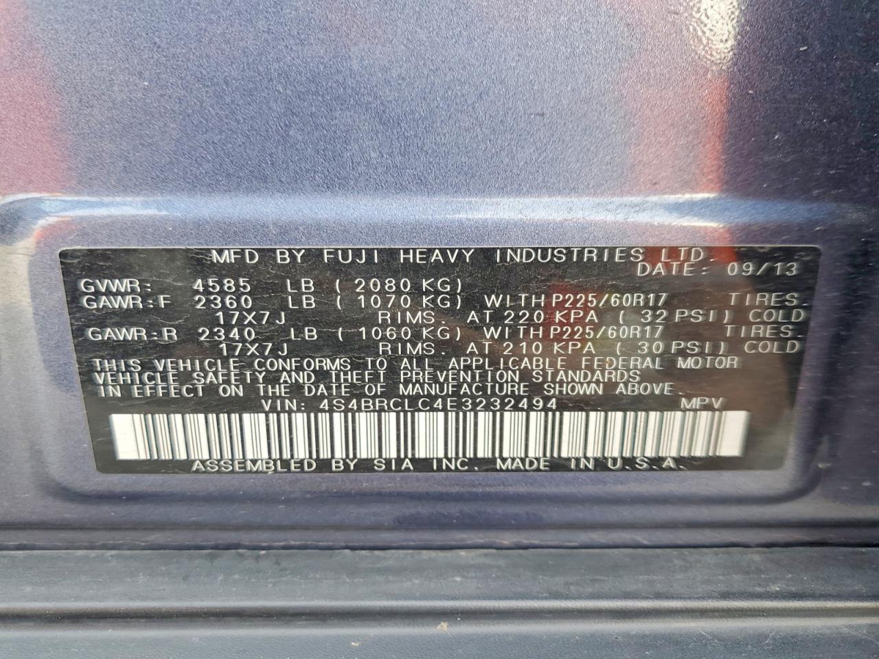 2014 Subaru Outback 2.5i Limited Blue vin: 4S4BRCLC4E3232494