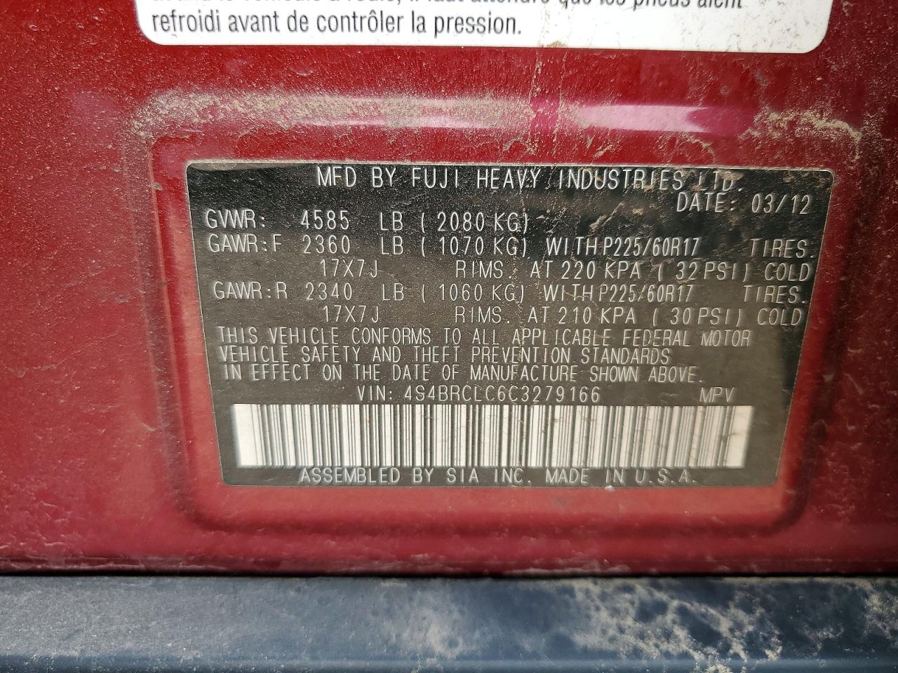 2012 Subaru Outback 2.5i Limited Red vin: 4S4BRCLC6C3279166