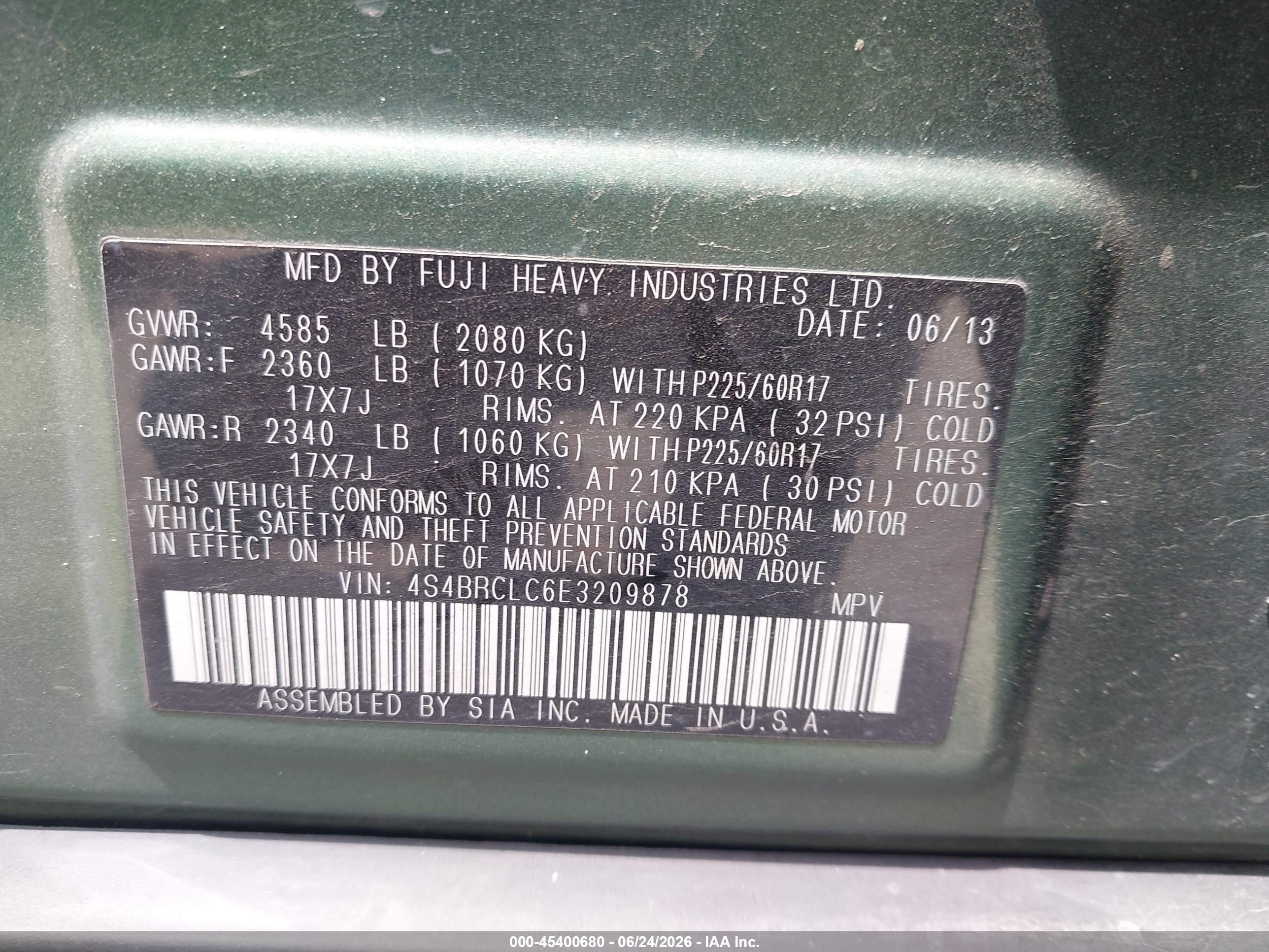 2014 Subaru Outback 2.5i Limited Green vin: 4S4BRCLC6E3209878