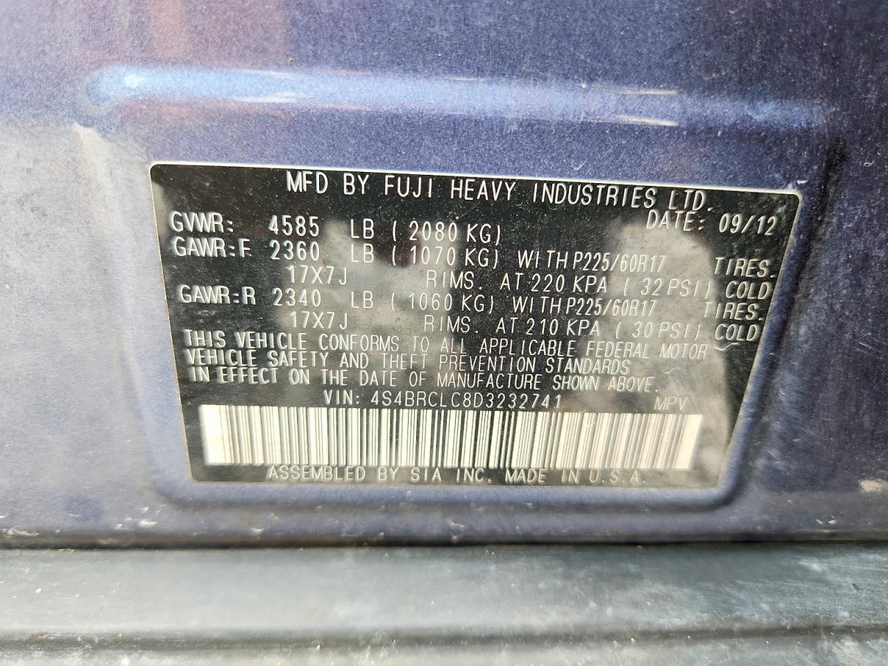 2013 Subaru Outback 2.5i Limited Blue vin: 4S4BRCLC8D3232741