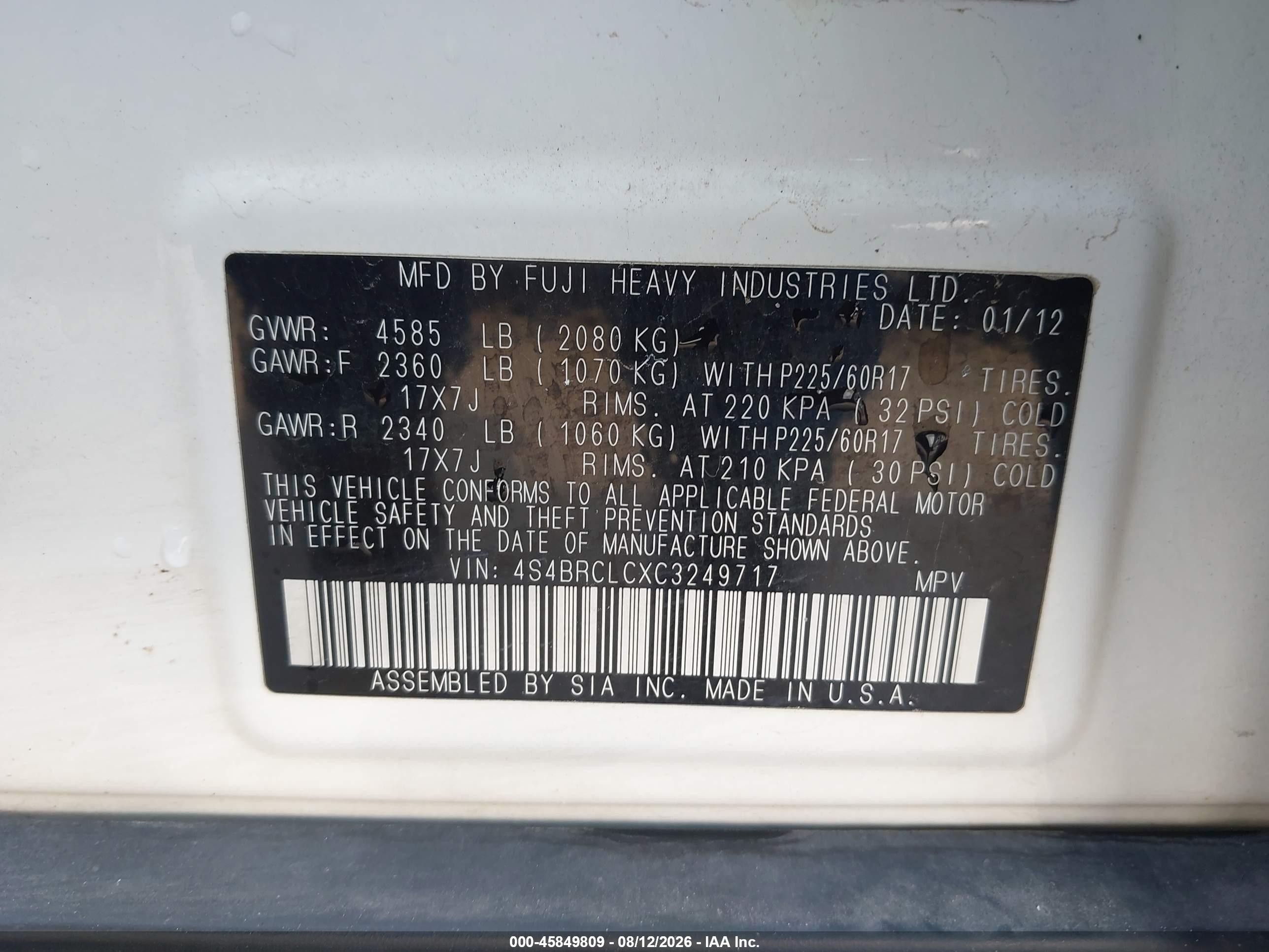 2012 Subaru Outback 2.5i Limited White vin: 4S4BRCLCXC3249717
