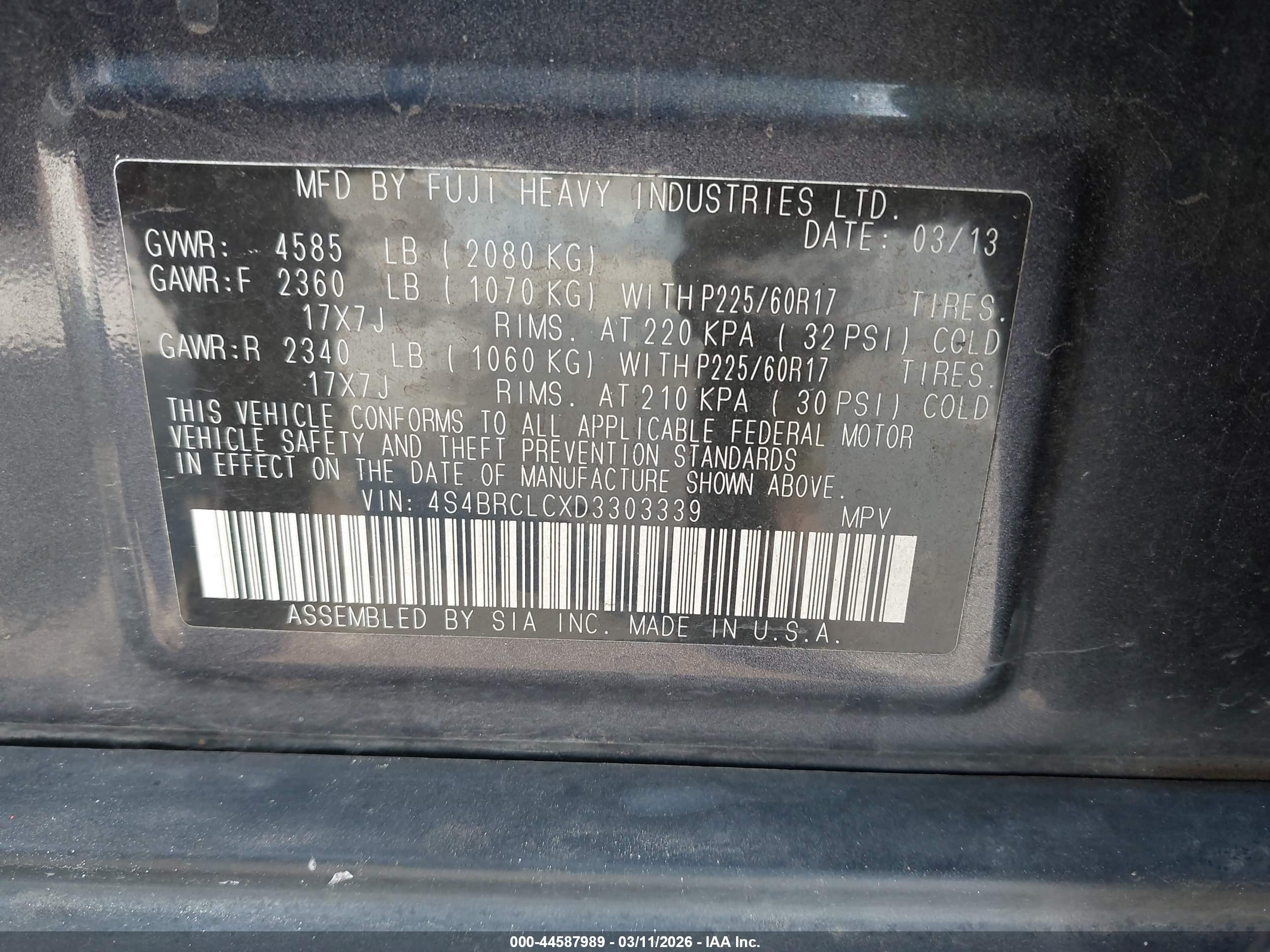 2013 Subaru Outback 2.5i Limited Gray vin: 4S4BRCLCXD3303339