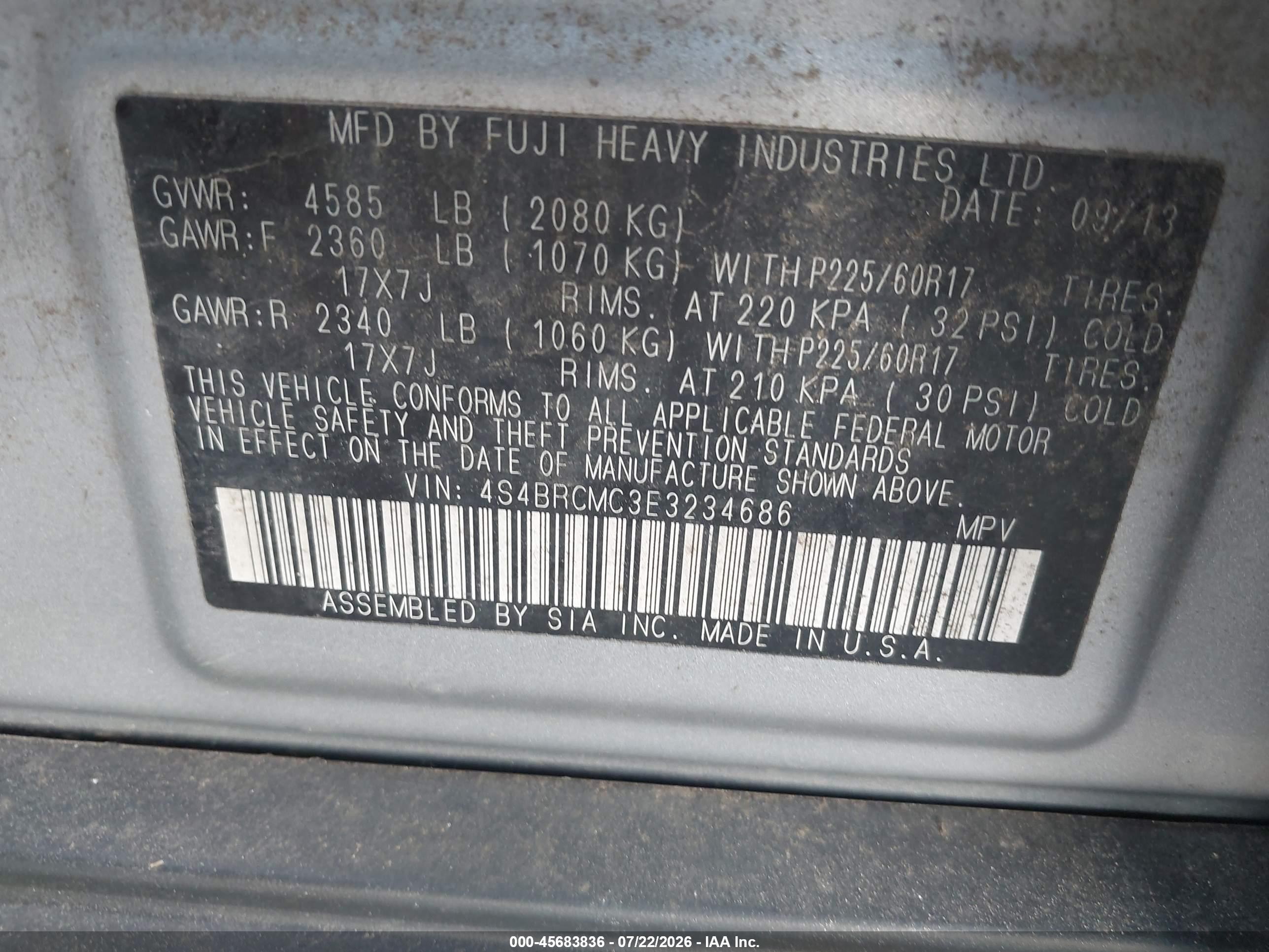 2014 Subaru Outback 2.5i Limited Blue vin: 4S4BRCMC3E3234686