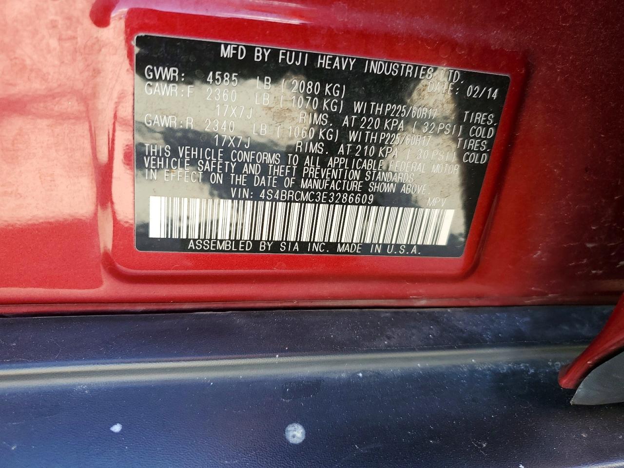 2014 Subaru Outback 2.5i Limited Red vin: 4S4BRCMC3E3286609
