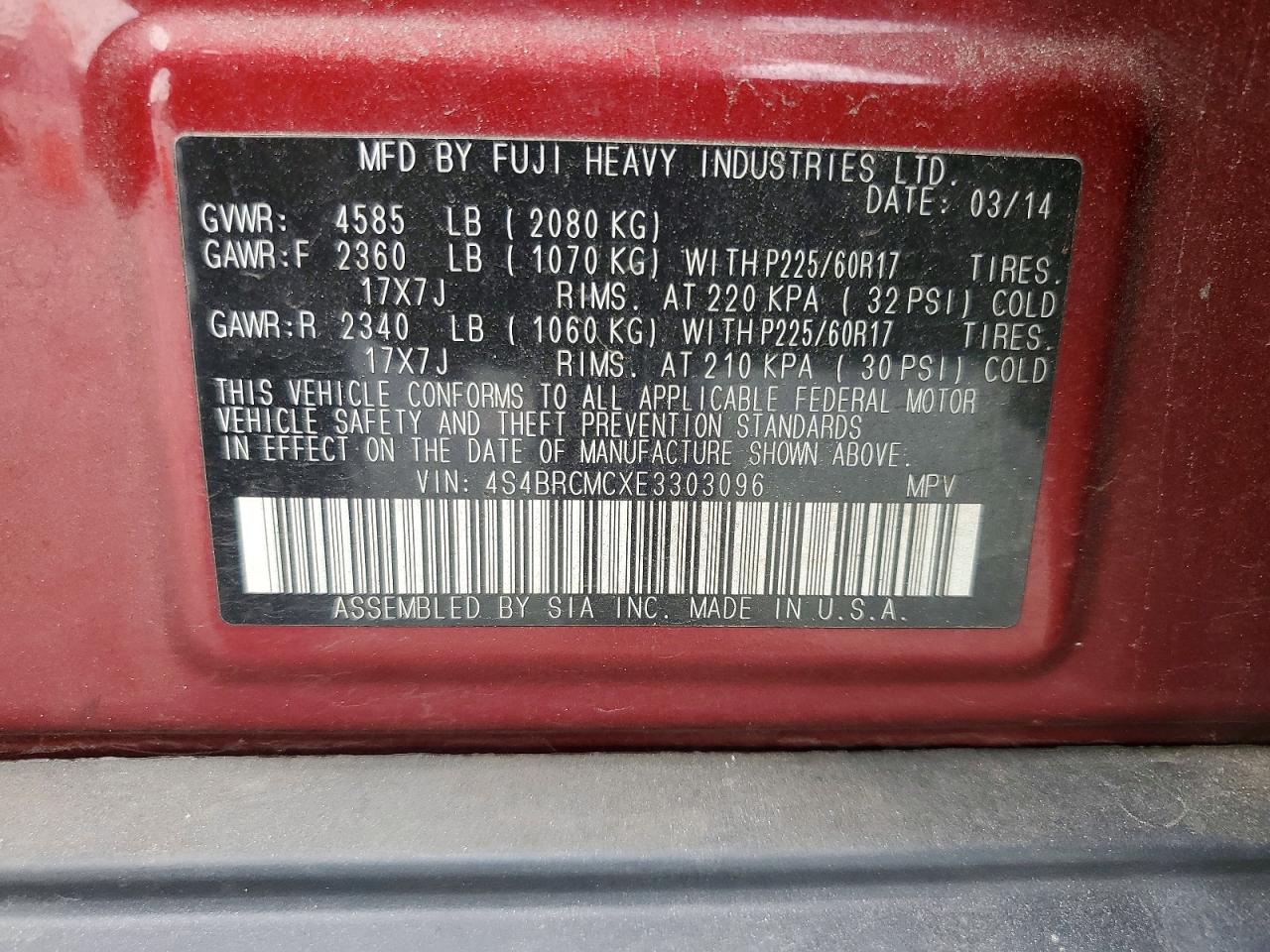 2014 Subaru Outback 2.5i Limited Red vin: 4S4BRCMCXE3303096