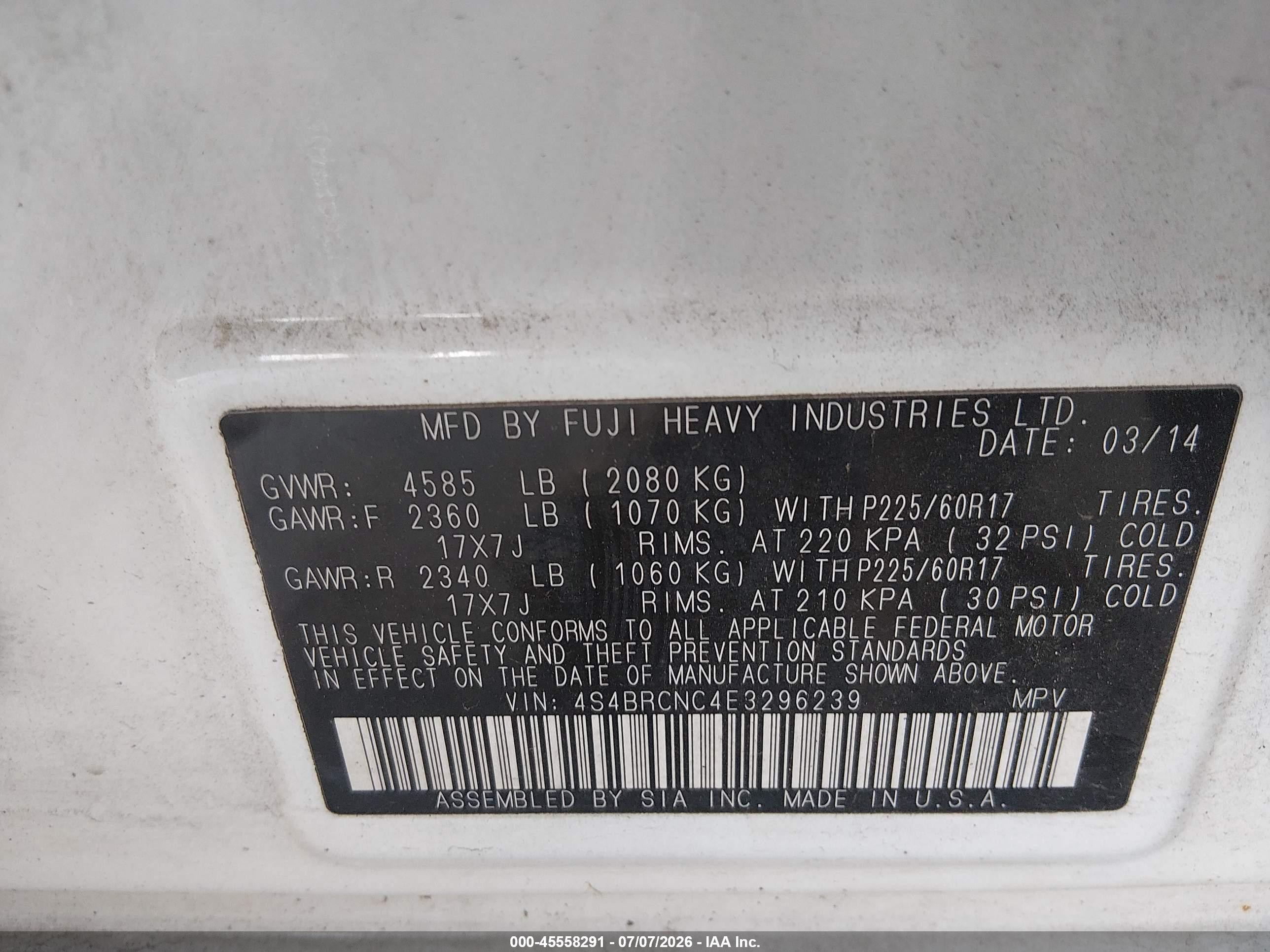 2014 Subaru Outback 2.5i Limited White vin: 4S4BRCNC4E3296239
