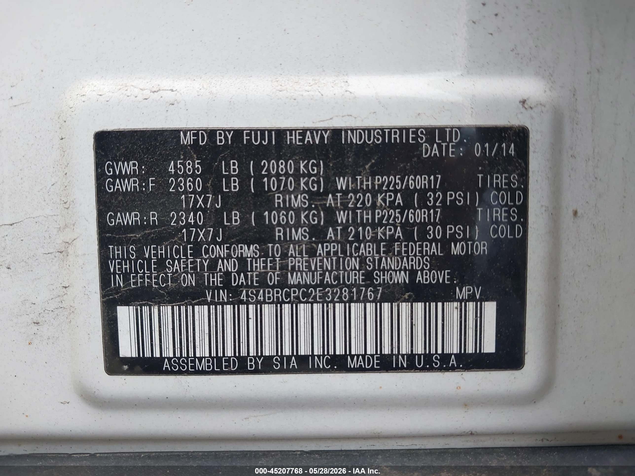 2014 Subaru Outback 2.5i Limited White vin: 4S4BRCPC2E3281767