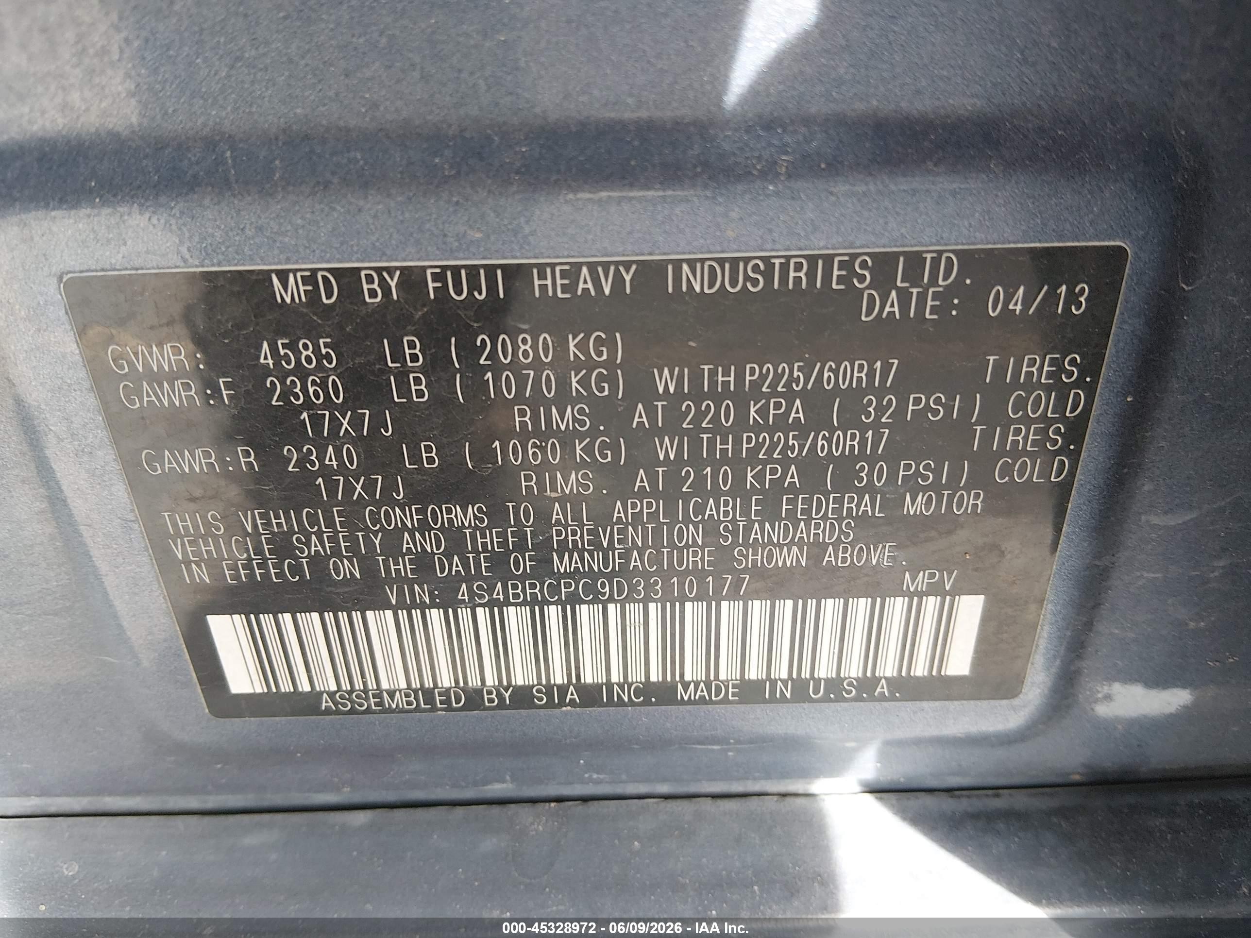 2013 Subaru Outback 2.5i Limited Blue vin: 4S4BRCPC9D3310177