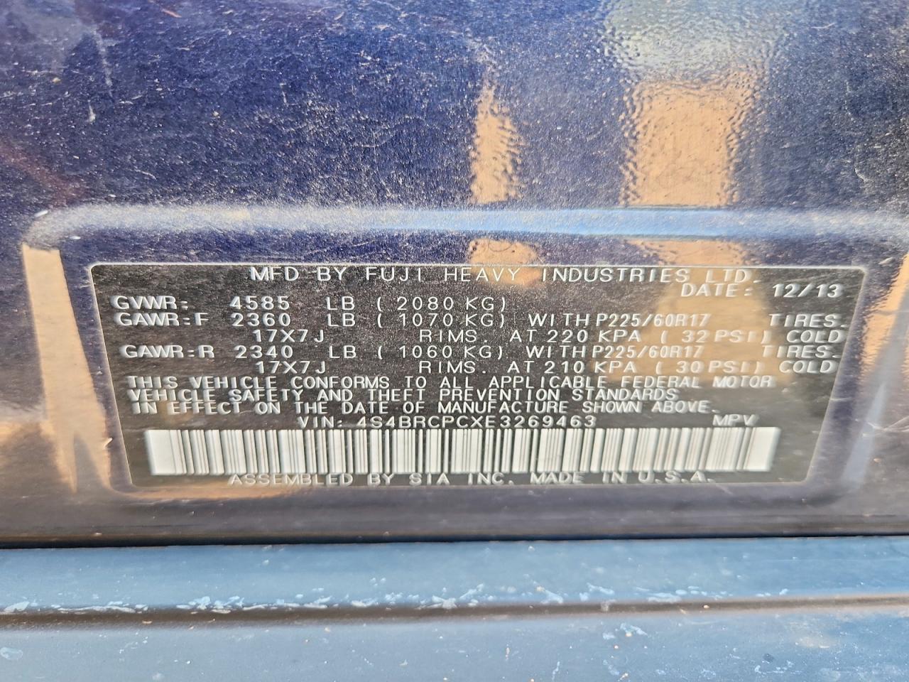 2014 Subaru Outback 2.5i Limited Blue vin: 4S4BRCPCXE3269463