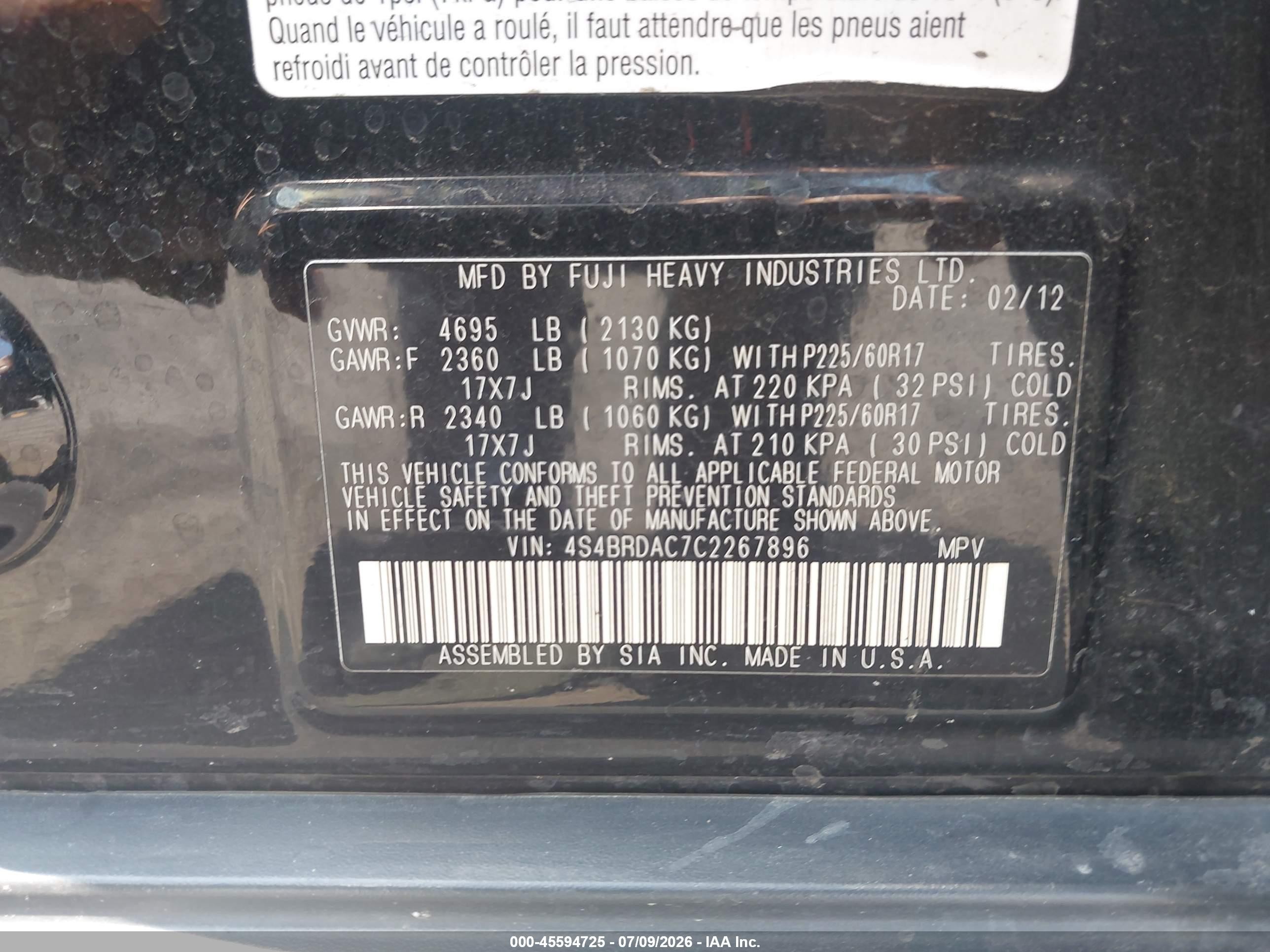 2012 Subaru Outback 3.6r Black vin: 4S4BRDAC7C2267896