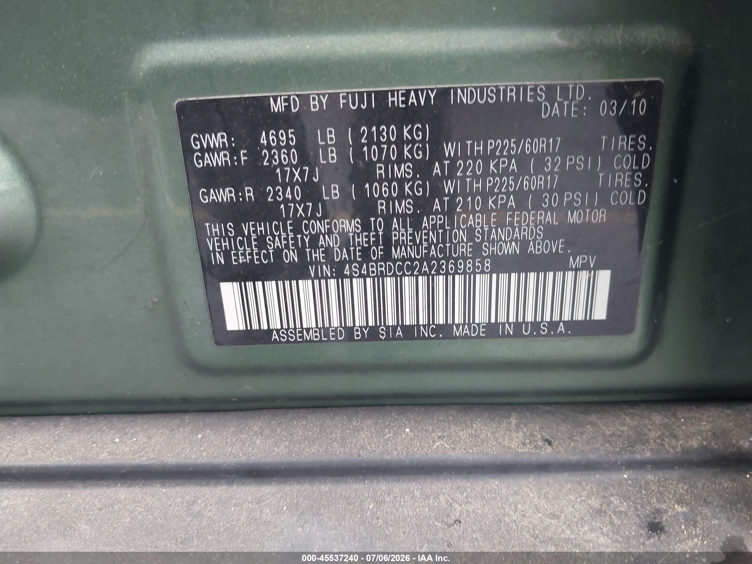 2010 Subaru Outback 3.6r Premium Green vin: 4S4BRDCC2A2369858