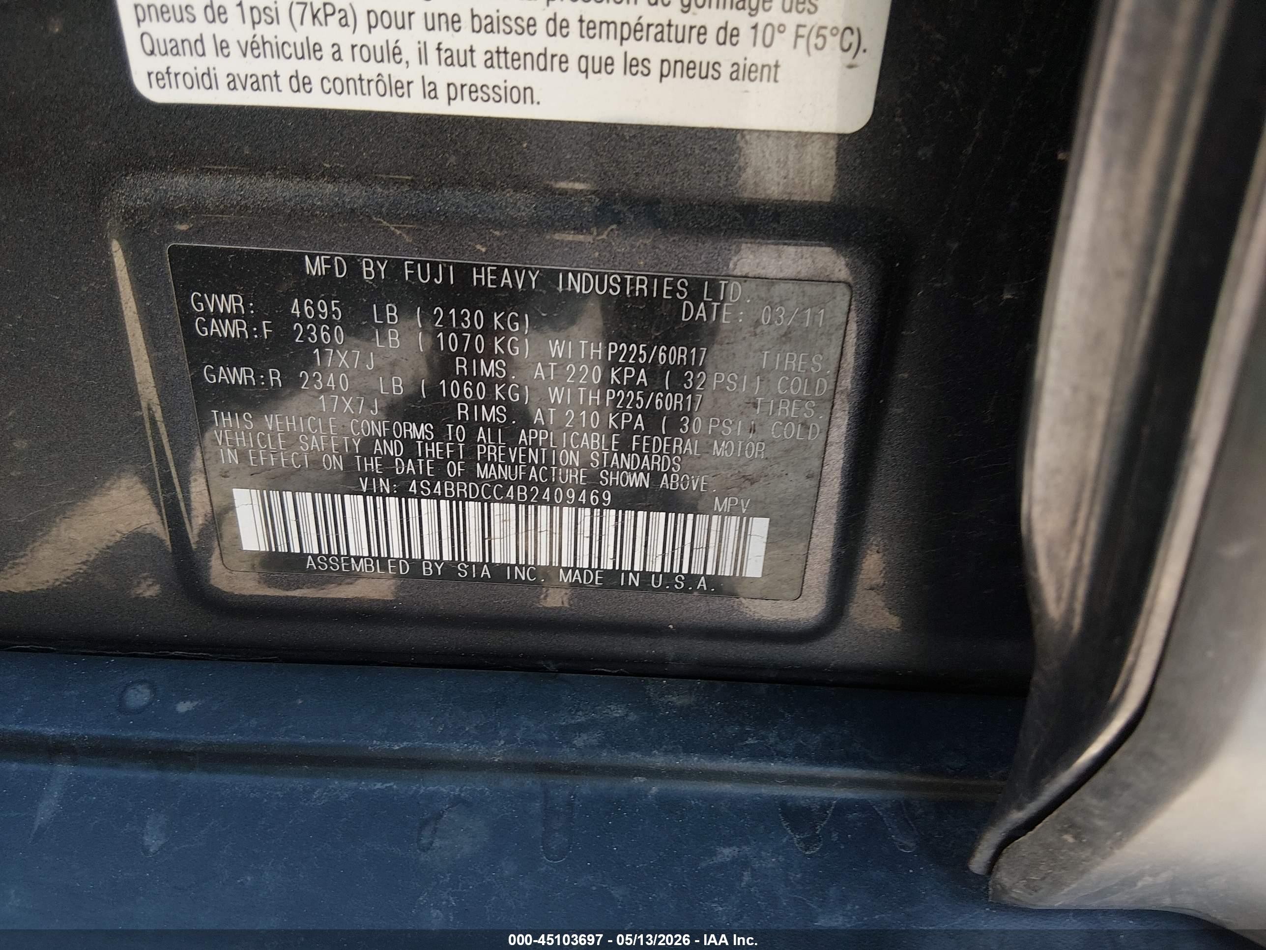 2011 Subaru Outback 3.6r Premium Gray vin: 4S4BRDCC4B2409469