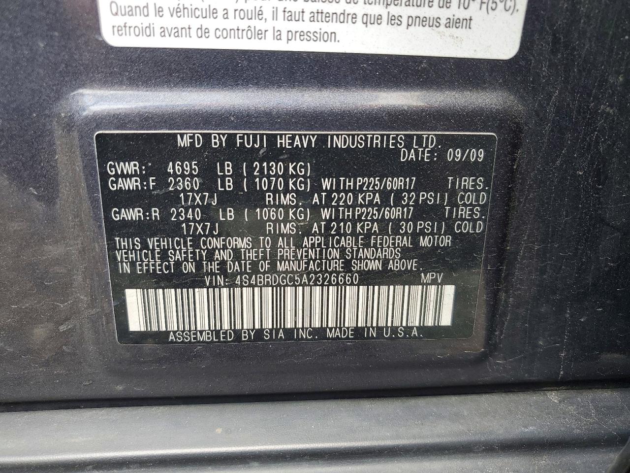 2010 Subaru Outback 3.6r Premium Charcoal vin: 4S4BRDGC5A2326660