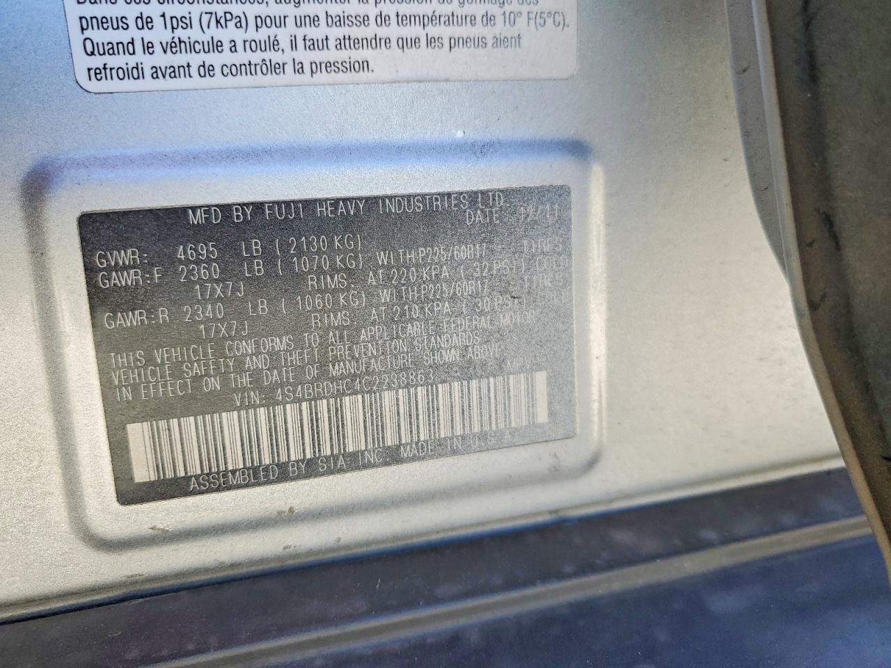 2012 Subaru Outback 3.6r Premium Silver vin: 4S4BRDHC4C2238863