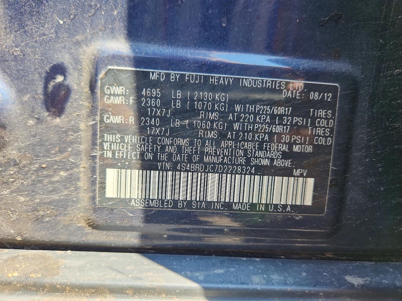 2013 Subaru Outback 3.6r Limited Синий vin: 4S4BRDJC7D2228324