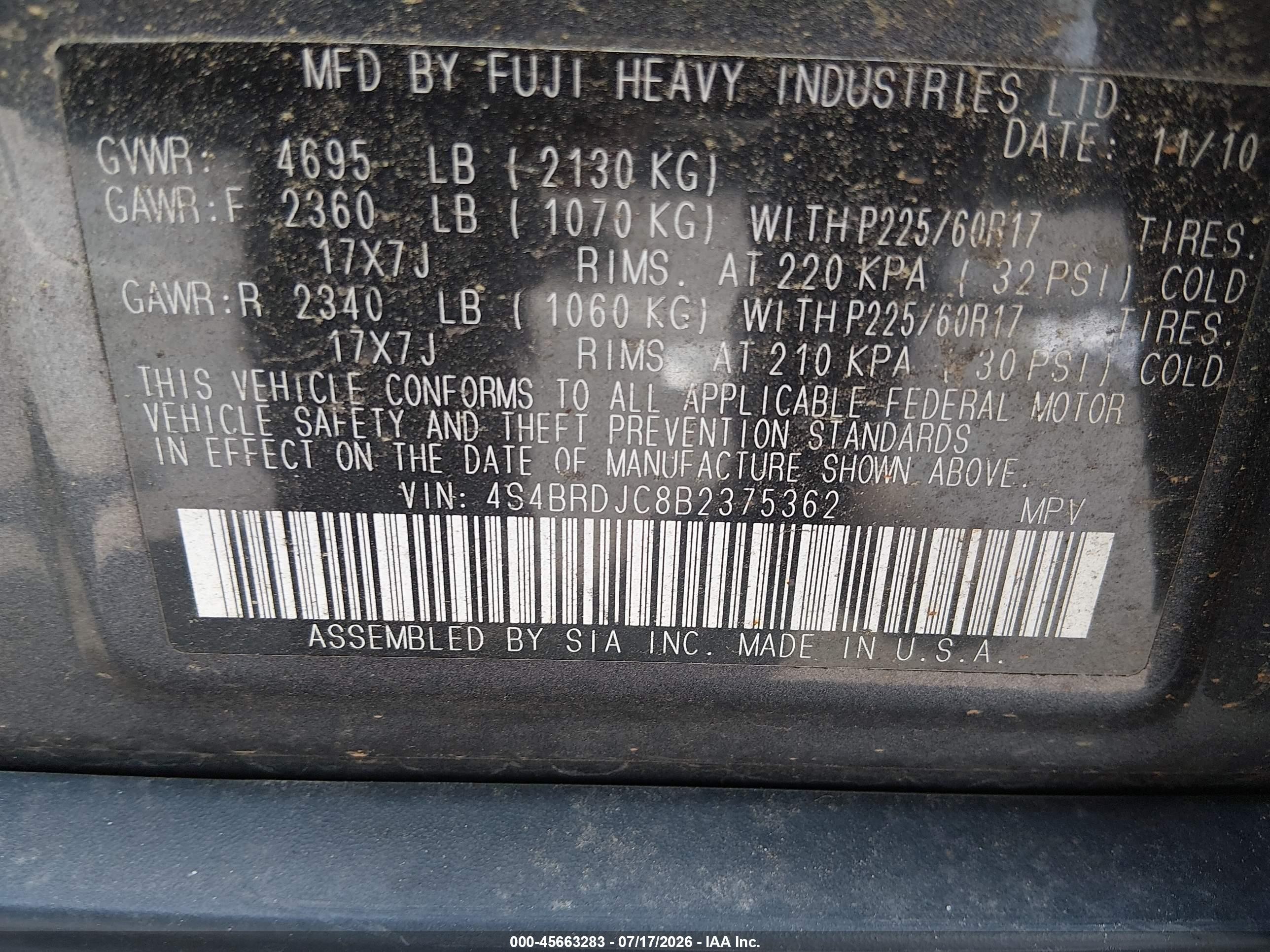 2011 Subaru Outback 3.6r Limited Gray vin: 4S4BRDJC8B2375362