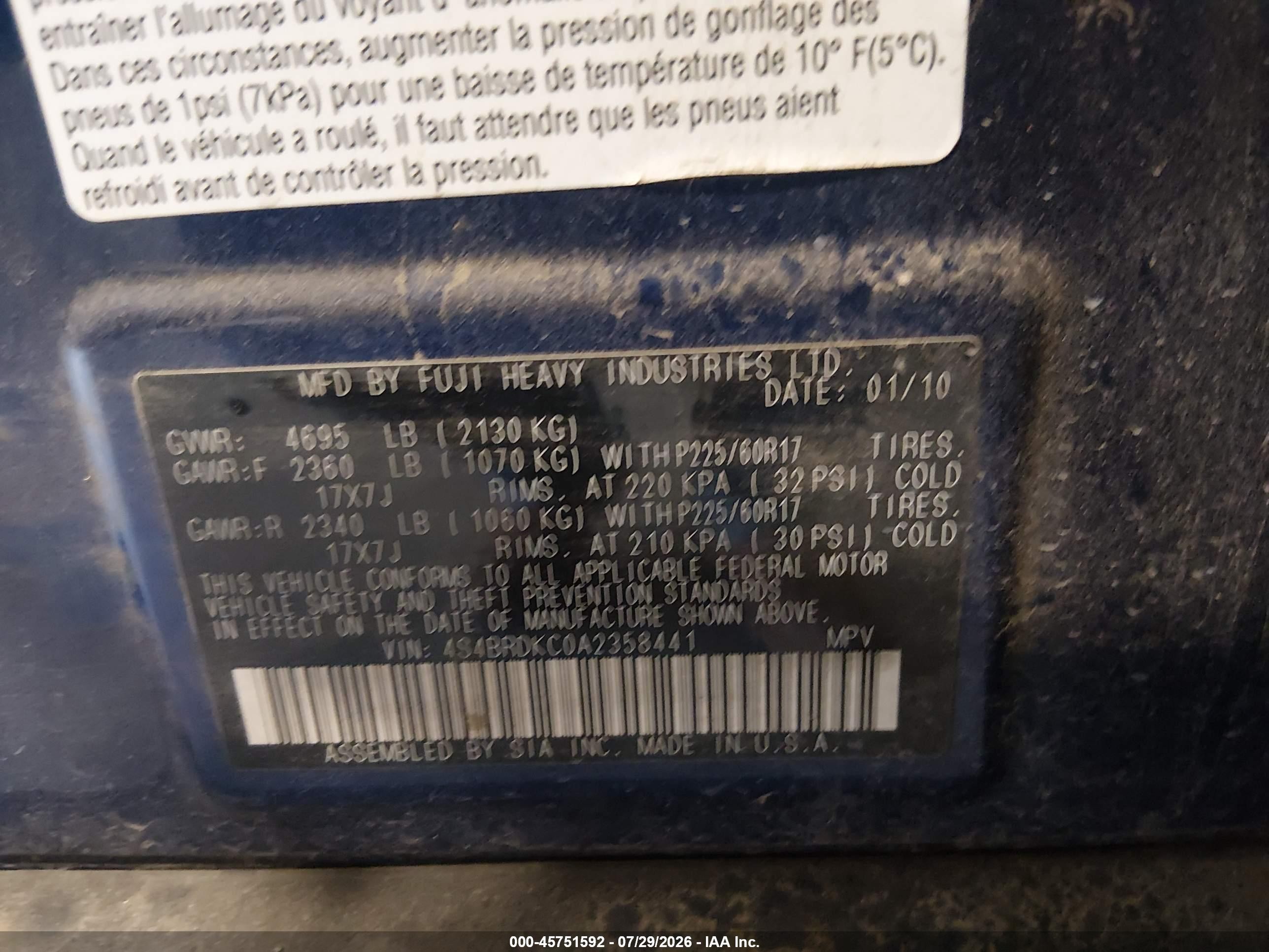 2010 Subaru Outback 3.6r Limited Blue vin: 4S4BRDKC0A2358441