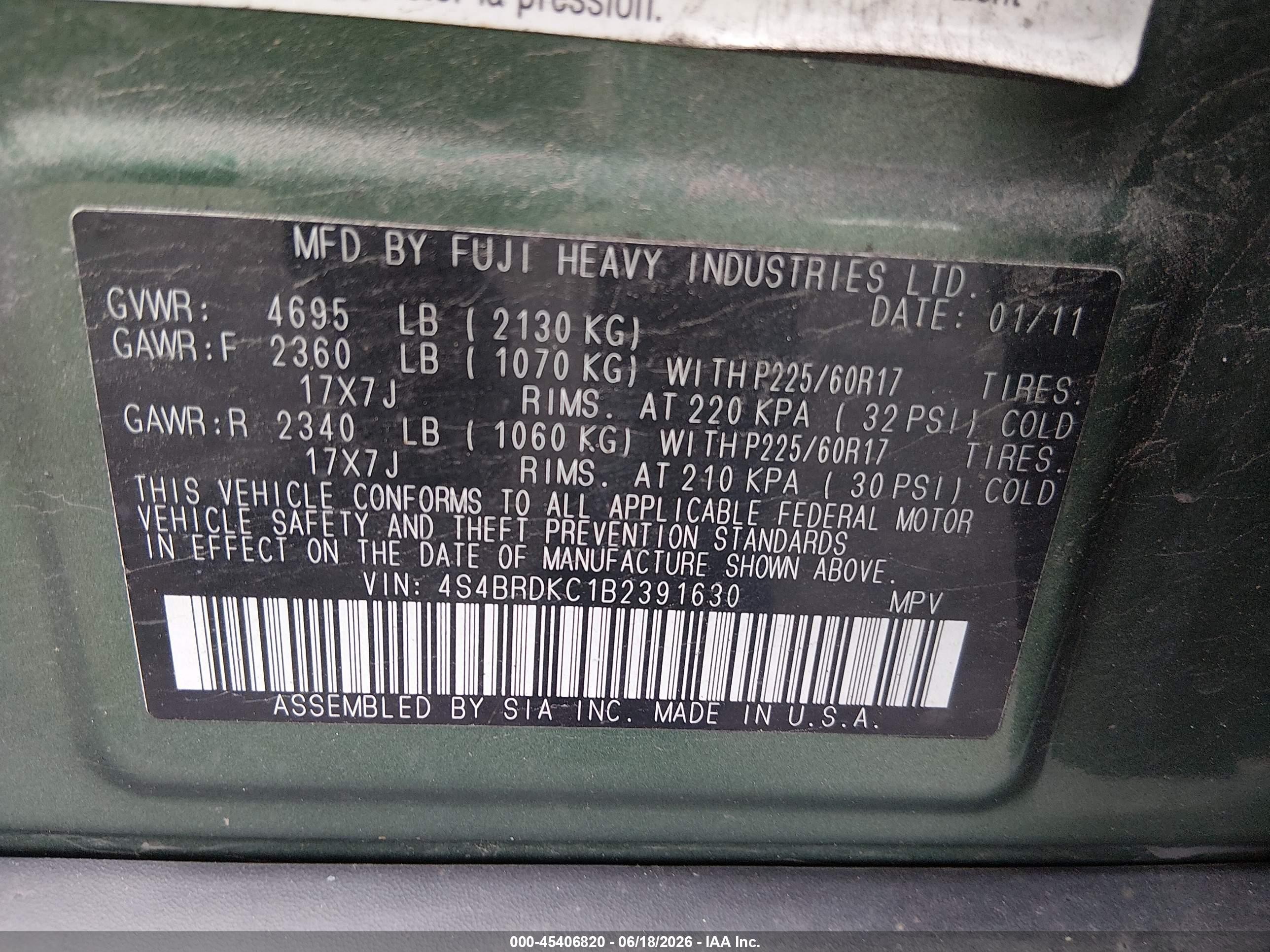 2011 Subaru Outback 3.6r Limited Green vin: 4S4BRDKC1B2391630