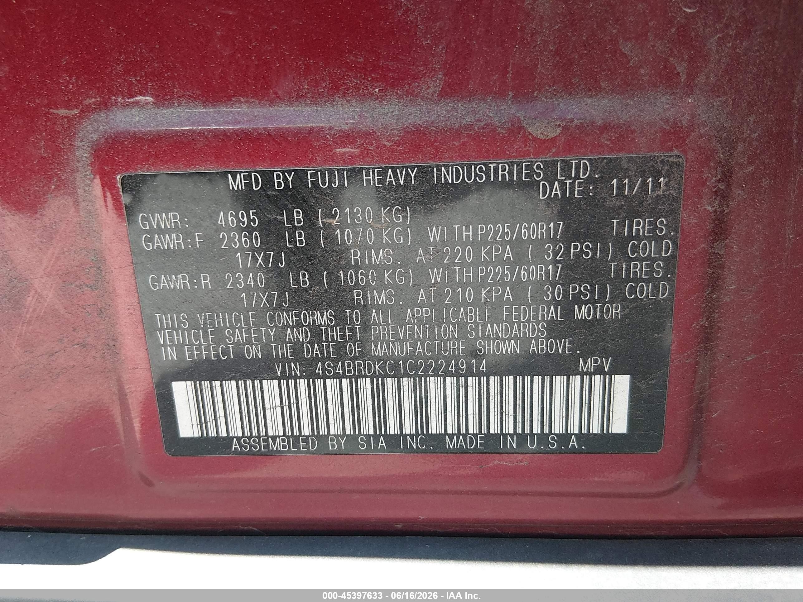 2012 Subaru Outback 3.6r Limited Burgundy vin: 4S4BRDKC1C2224914