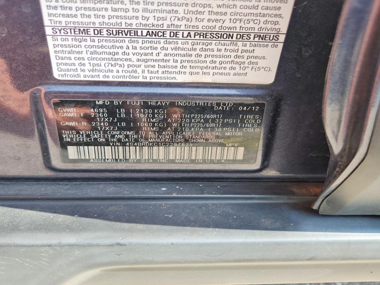 2012 Subaru Outback 3.6r Limited Угольный vin: 4S4BRDKC1C2287625