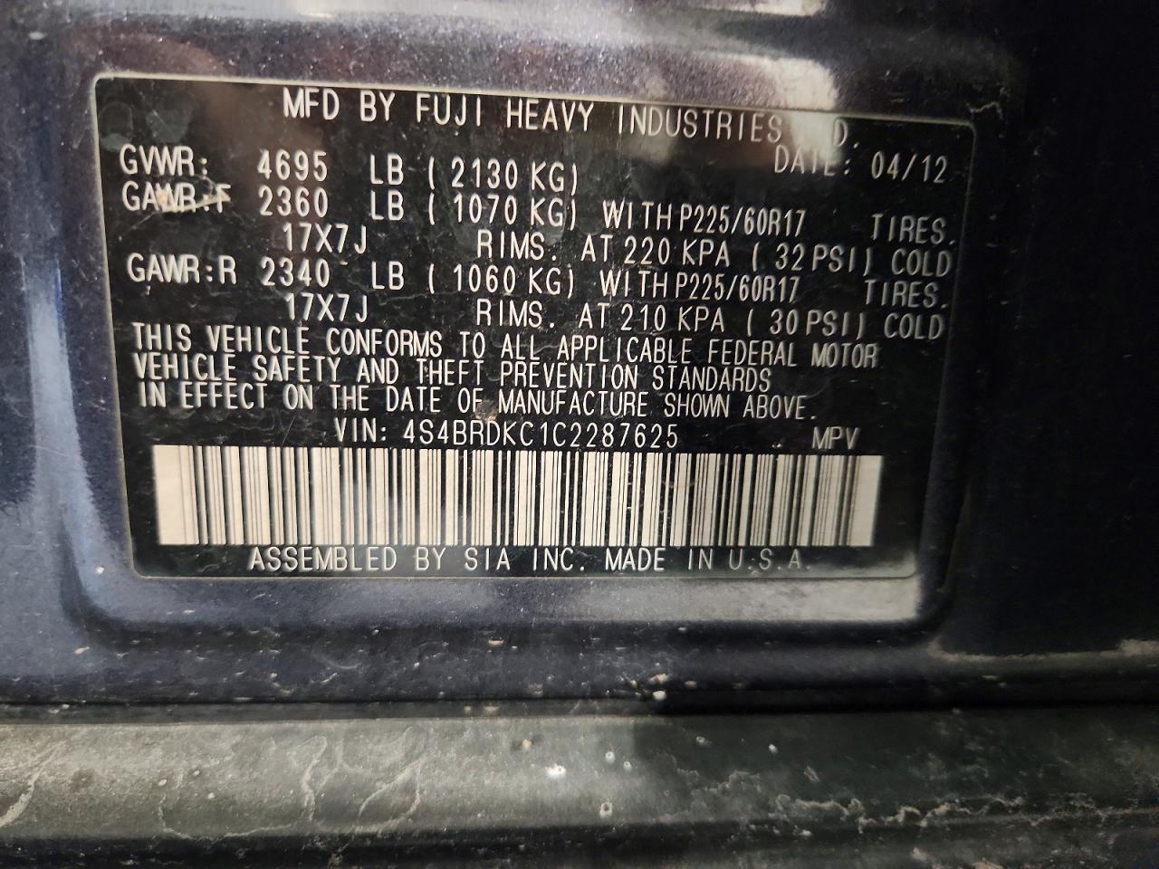 2012 Subaru Outback 3.6r Limited Black vin: 4S4BRDKC1C2287625