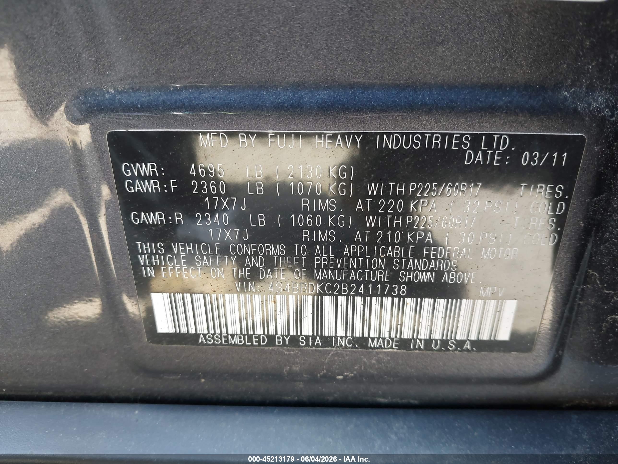 2011 Subaru Outback 3.6r Limited Gray vin: 4S4BRDKC2B2411738