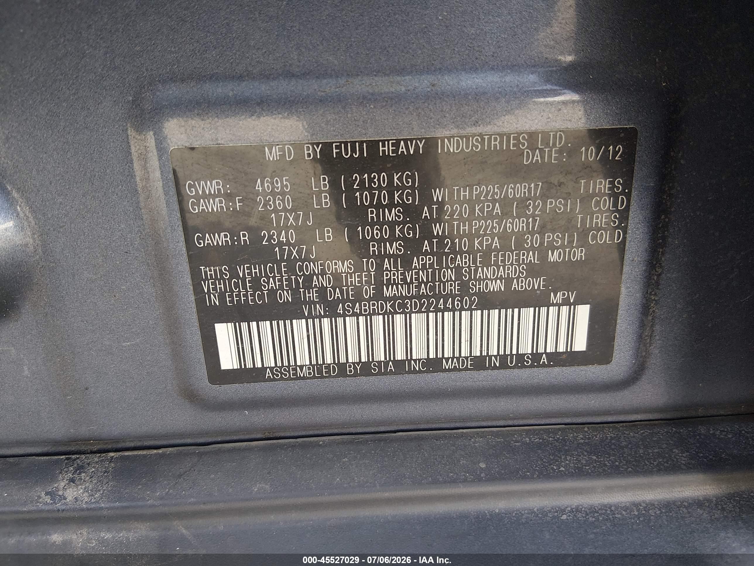 2013 Subaru Outback 3.6r Limited Blue vin: 4S4BRDKC3D2244602