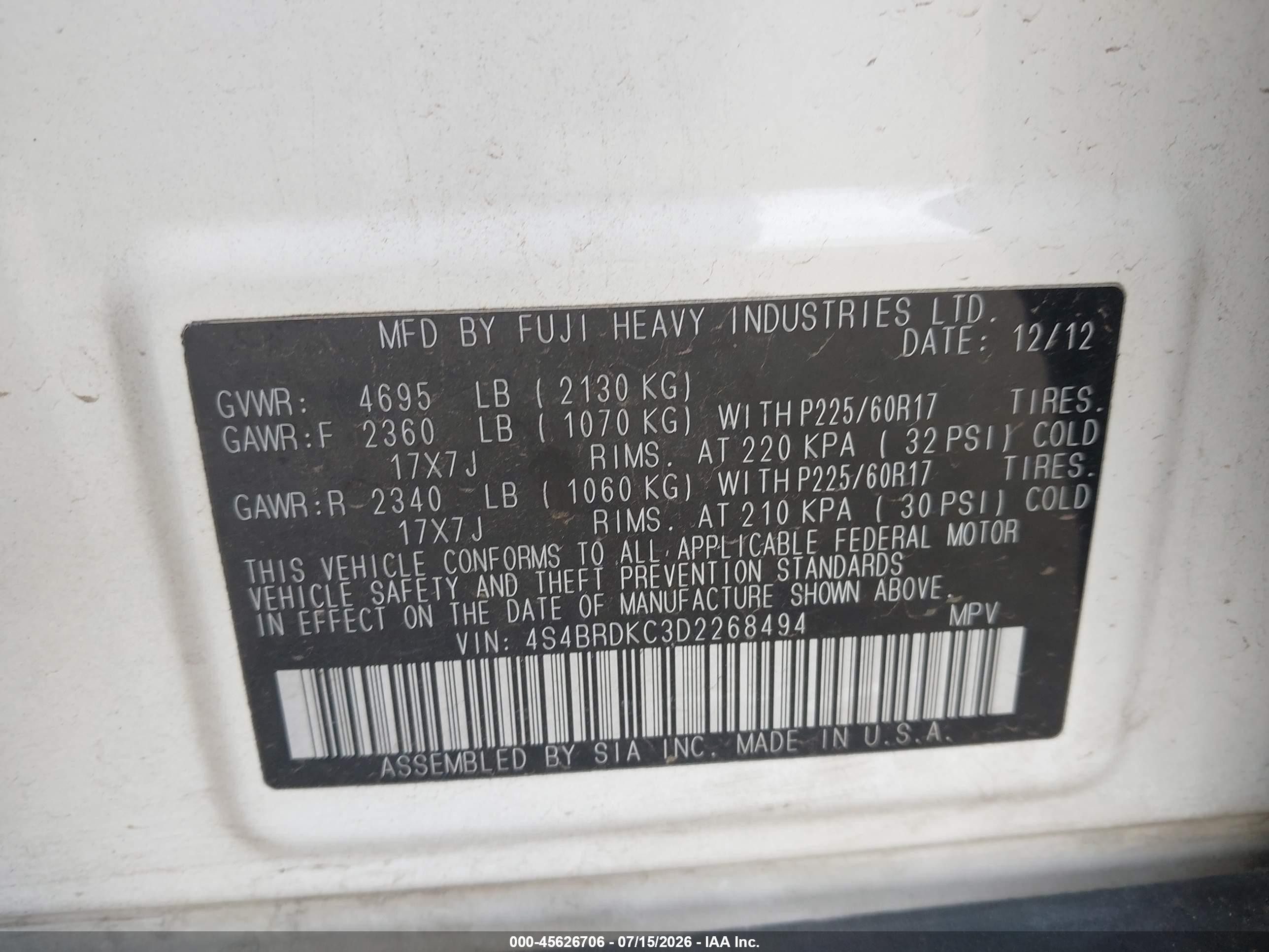 2013 Subaru Outback 3.6r Limited White vin: 4S4BRDKC3D2268494