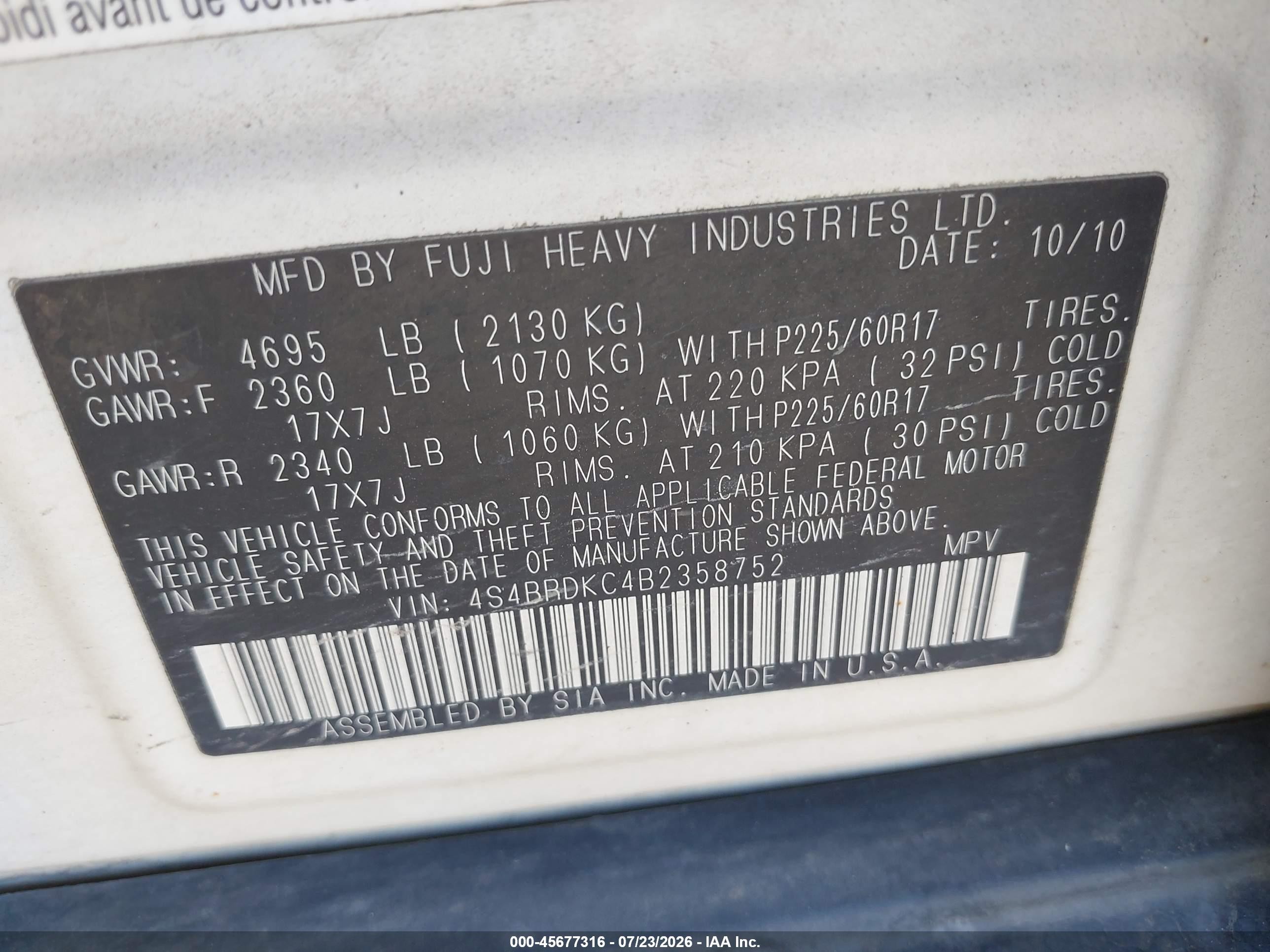 2011 Subaru Outback 3.6r Limited Белый vin: 4S4BRDKC4B2358752