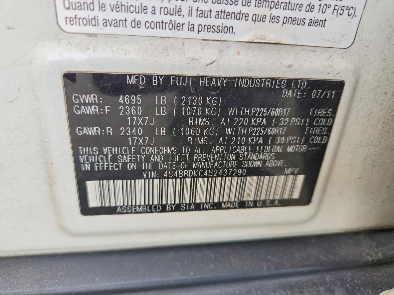 2011 Subaru Outback 3.6r Limited White vin: 4S4BRDKC4B2437290