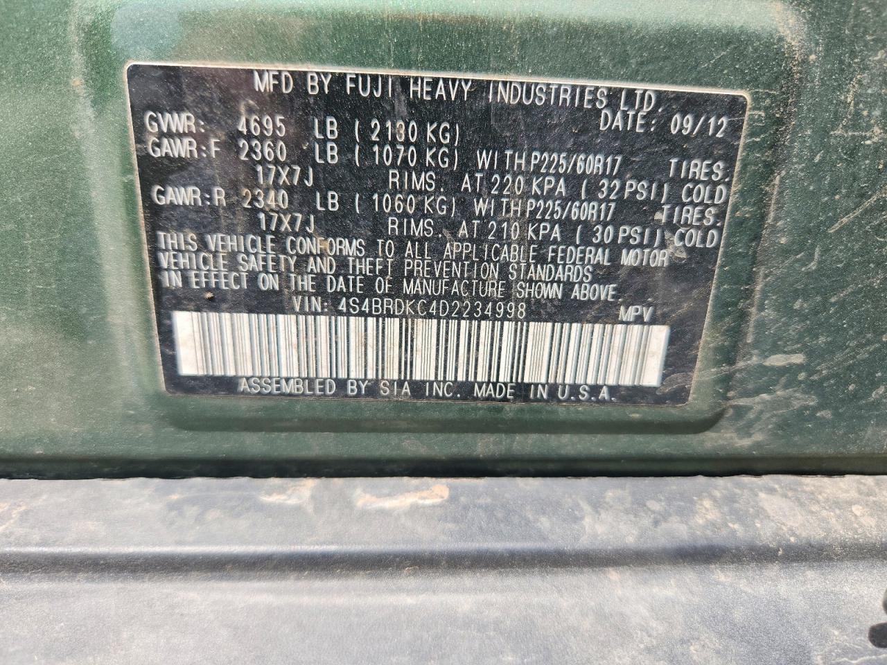 2013 Subaru Outback 3.6r Limited Green vin: 4S4BRDKC4D2234998