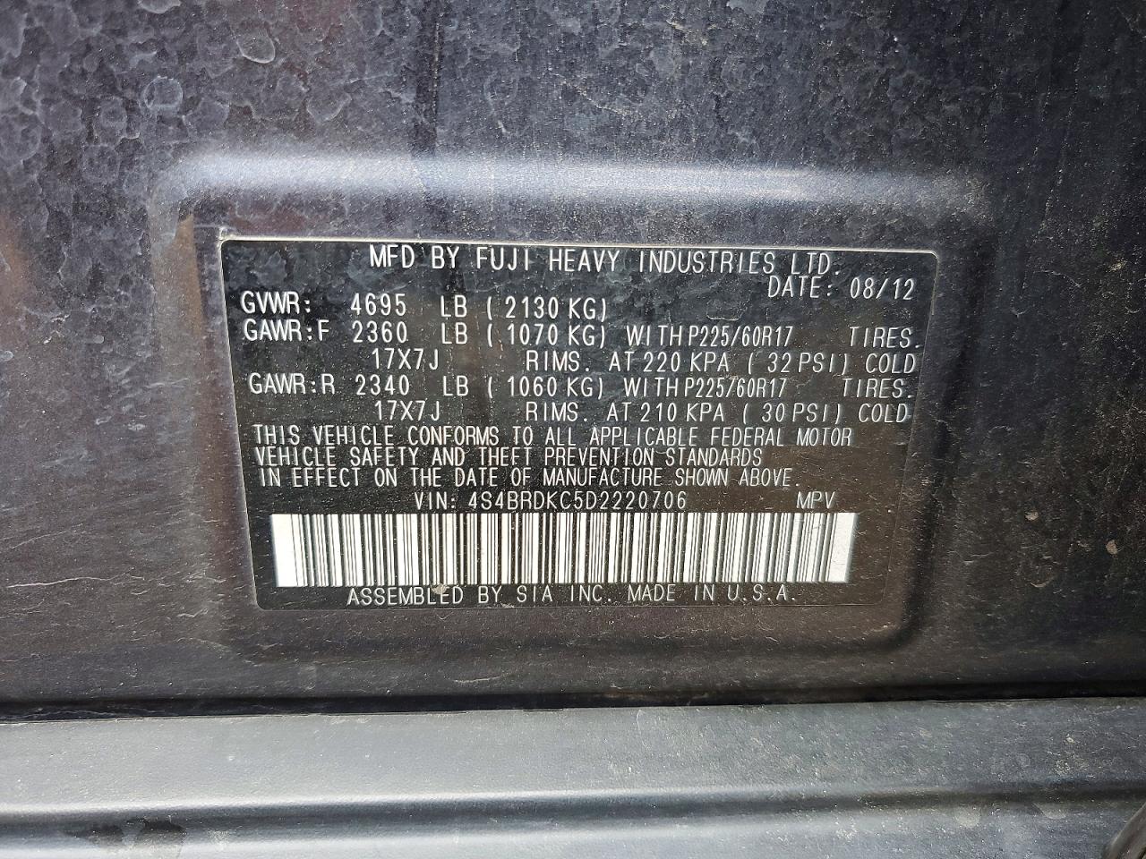 2013 Subaru Outback 3.6r Limited Charcoal vin: 4S4BRDKC5D2220706