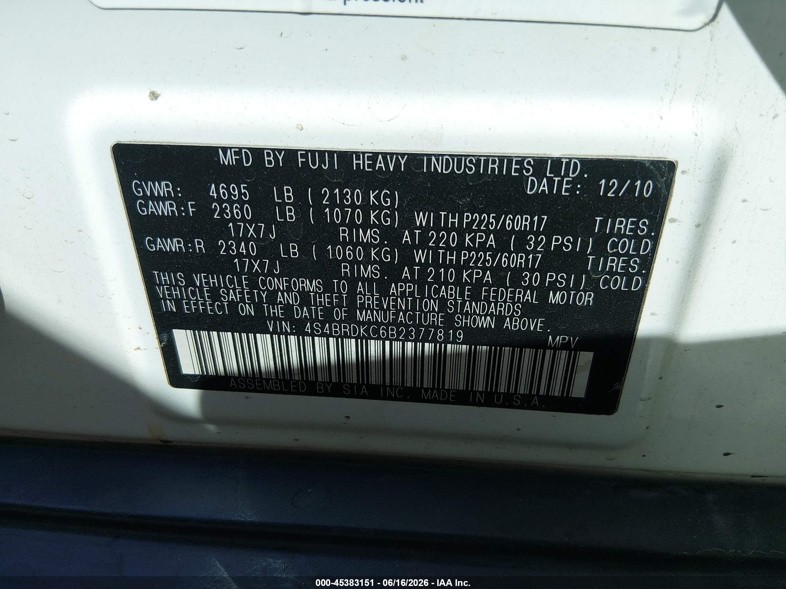 2011 Subaru Outback 3.6r Limited White vin: 4S4BRDKC6B2377819