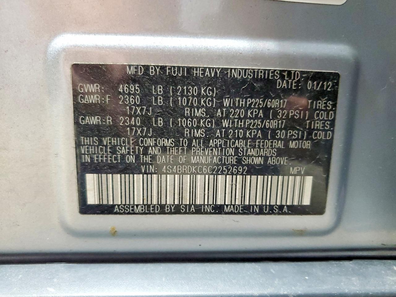2012 Subaru Outback 3.6r Limited Silver vin: 4S4BRDKC6C2252692