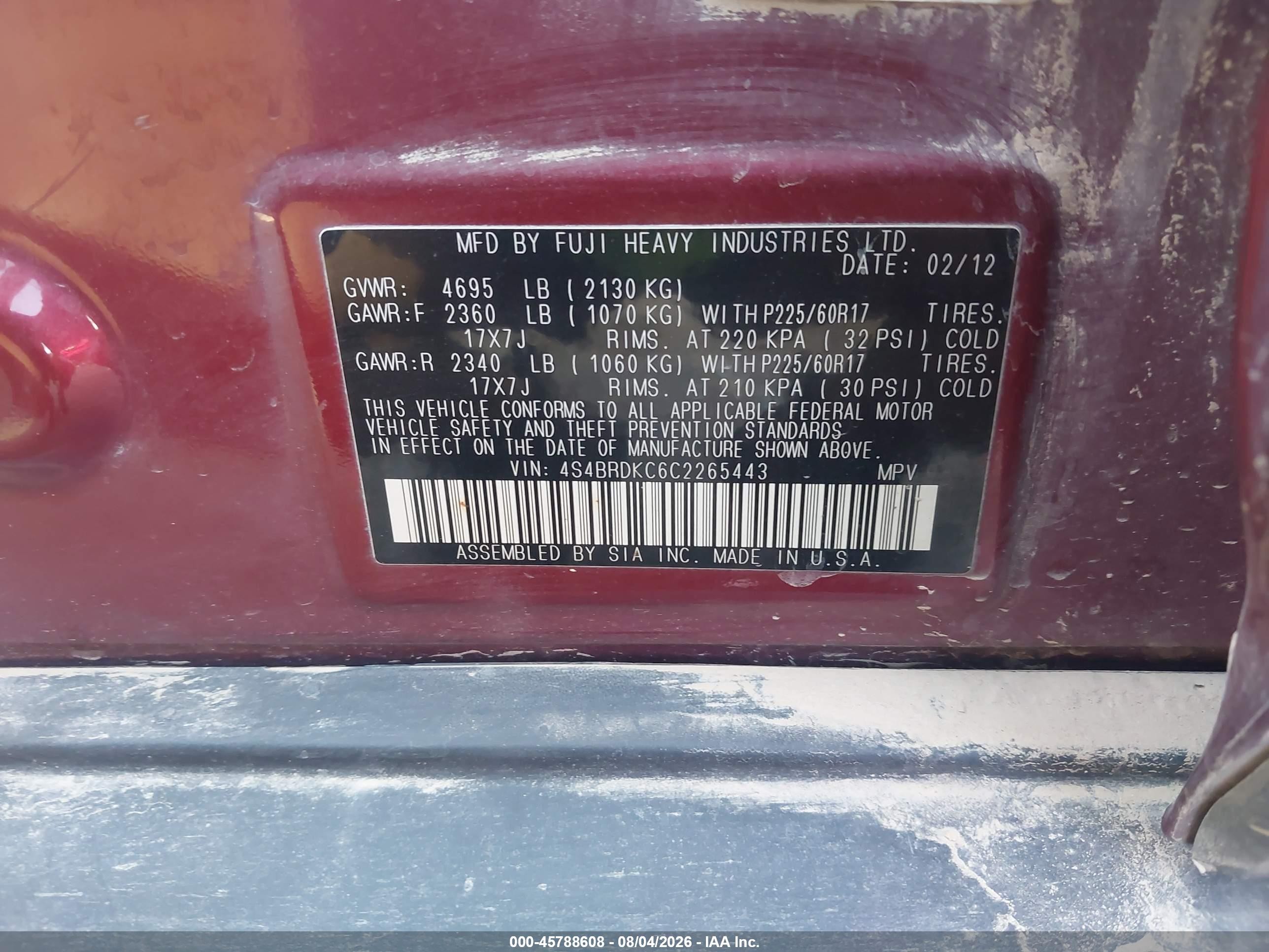 2012 Subaru Outback 3.6r Limited Maroon vin: 4S4BRDKC6C2265443