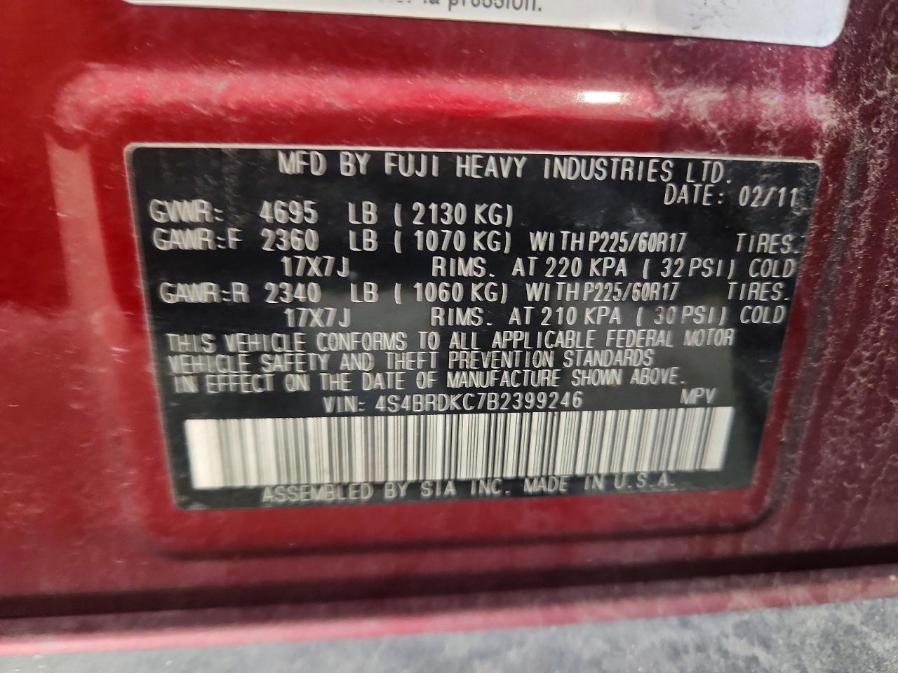 2011 Subaru Outback 3.6r Limited Red vin: 4S4BRDKC7B2399246