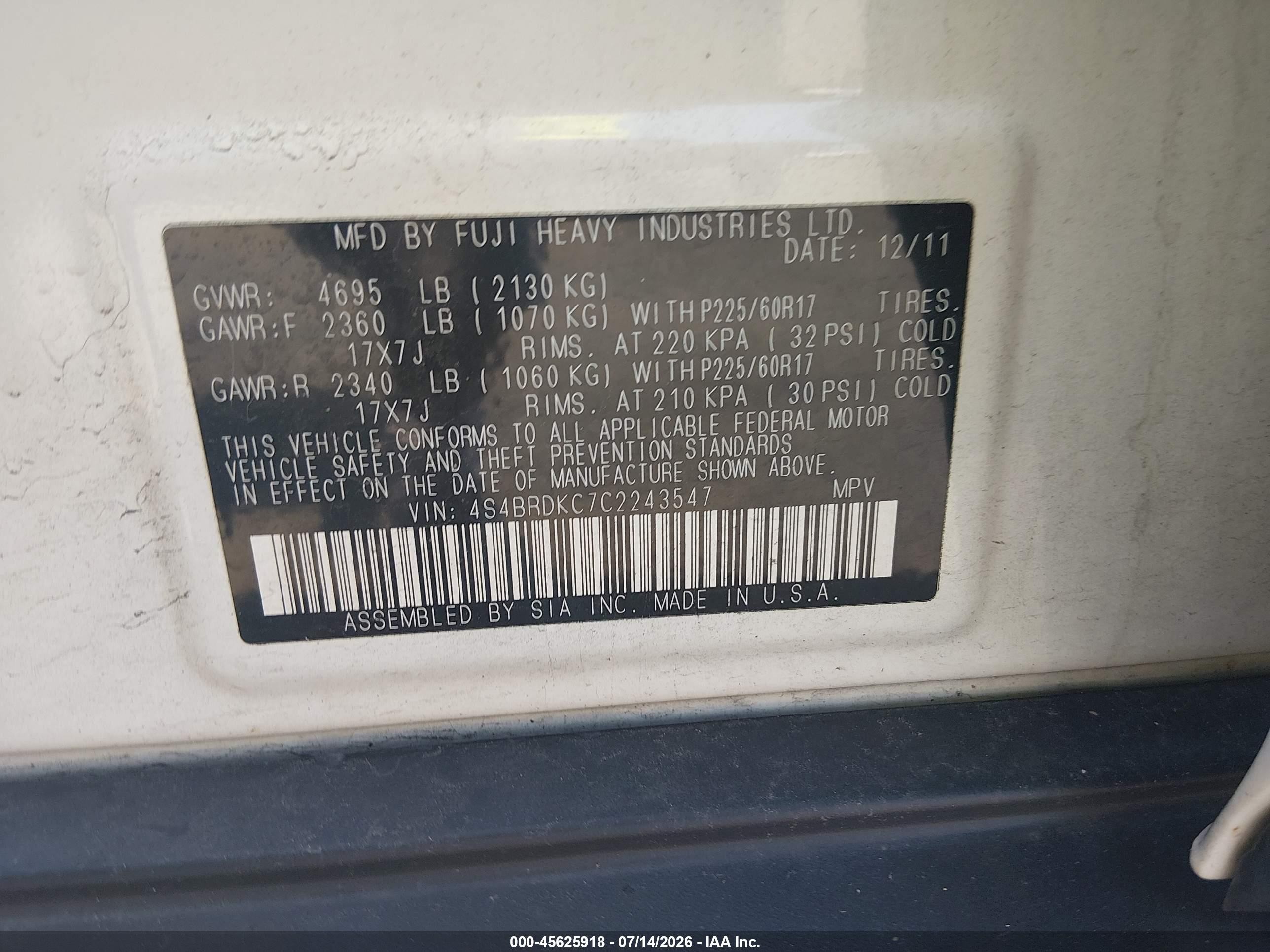 2012 Subaru Outback 3.6r Limited Белый vin: 4S4BRDKC7C2243547