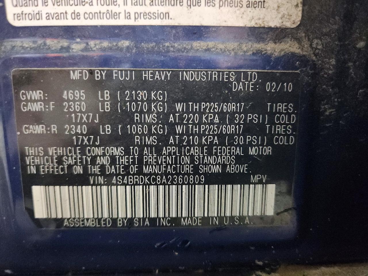 2010 Subaru Outback 3.6r Limited Blue vin: 4S4BRDKC8A2360809